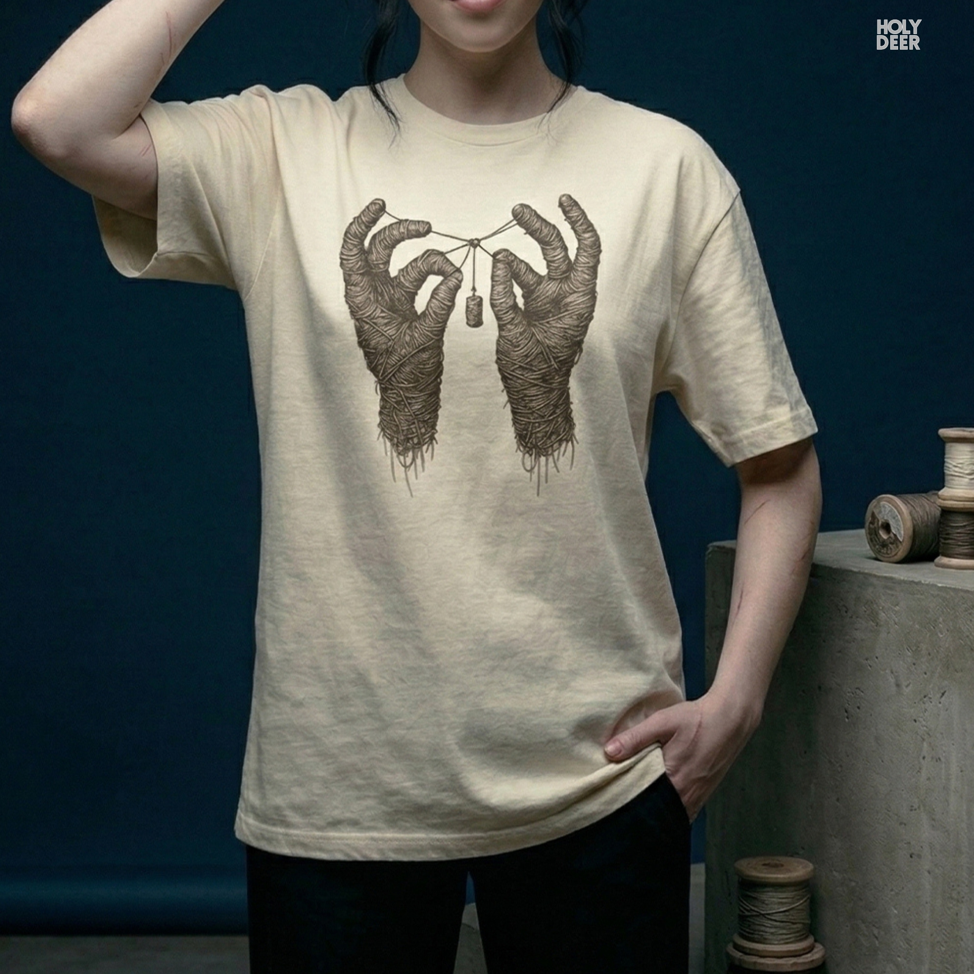 Modern brutalist concrete catacomb architecture outdoor lifestyle model wearing the centered Mummy Hands Shirt from Holydeer Clothing, standing as a high-end dark aesthetic gift statement matching elite gothic mummy wear trends.
