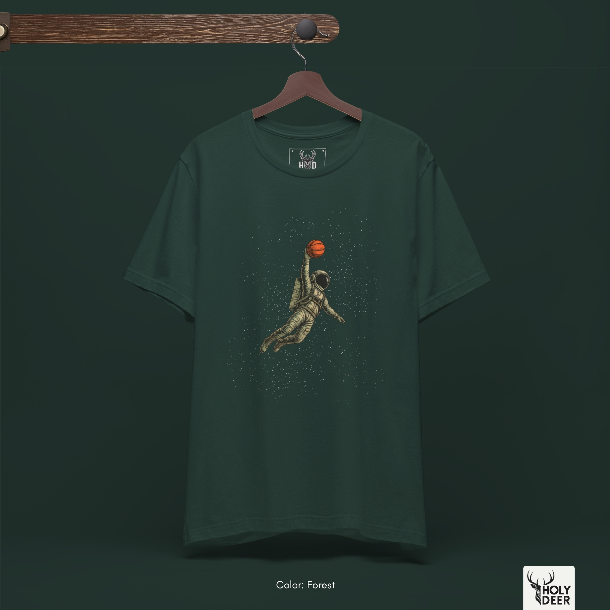 Moody high-contrast product edit of the Cyberpunk Basketball, maximizing the rich black graphic tee canvas shadows and cementing Holydeer Clothing as the supreme design authority.