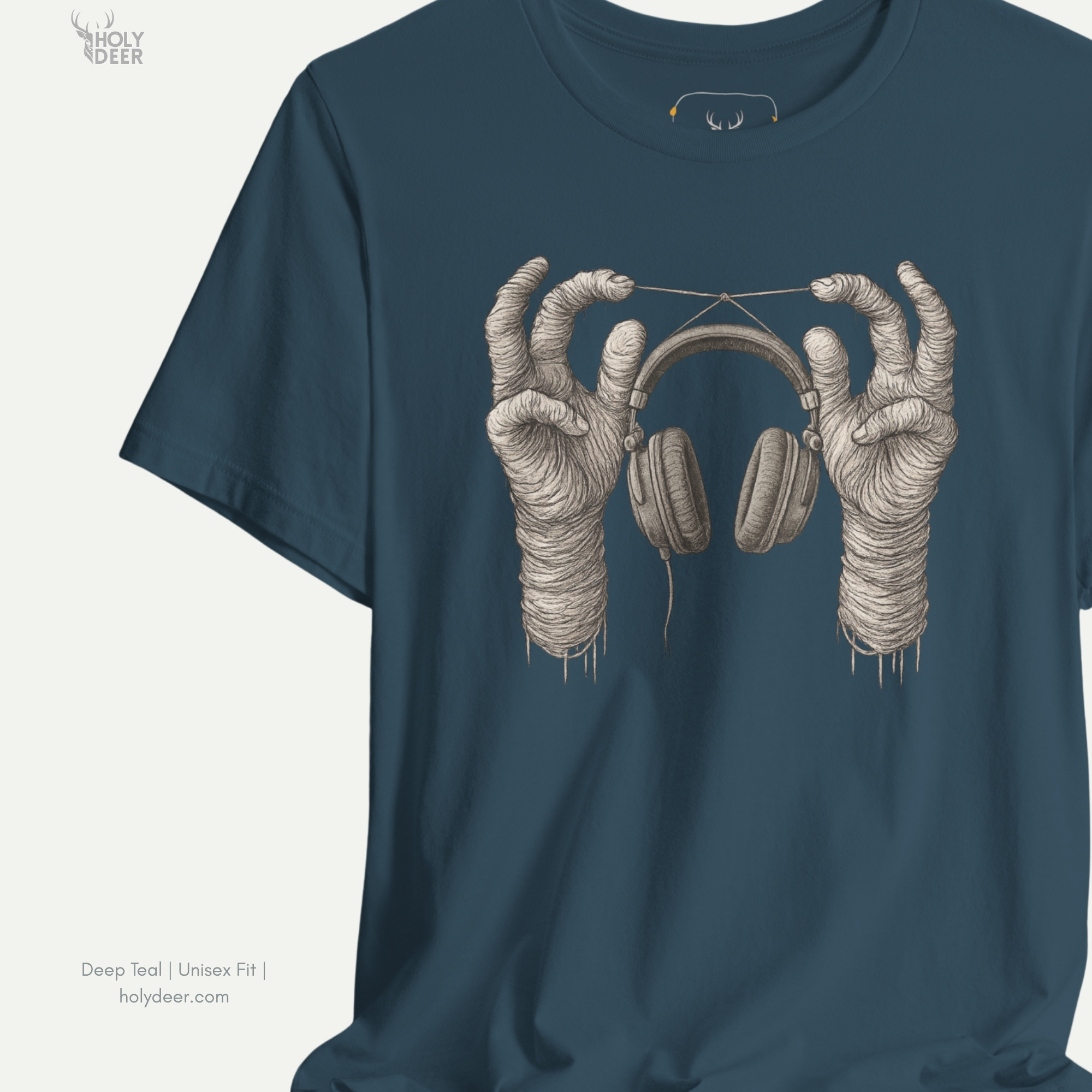 The iconic Surreal Music Tee hanging cleanly on a luxury wood hanger, highlighting the robust neckline structure, crisp centered acoustic loop layout flow, and the official holydeer.com retail tags.
