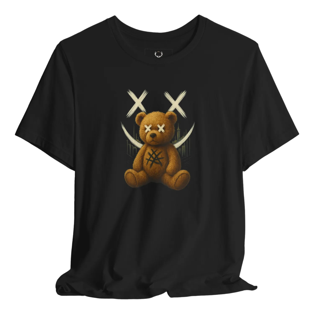 Explore our unique teddy bear t-shirt featuring a stylish and eye-catching graphic design. This comfortable and artistic tee is perfect for casual wear and makes a bold fashion statement. Suitable for urban style enthusiasts, it combines softness with trendy aesthetics, creating a must-have for stylish men.