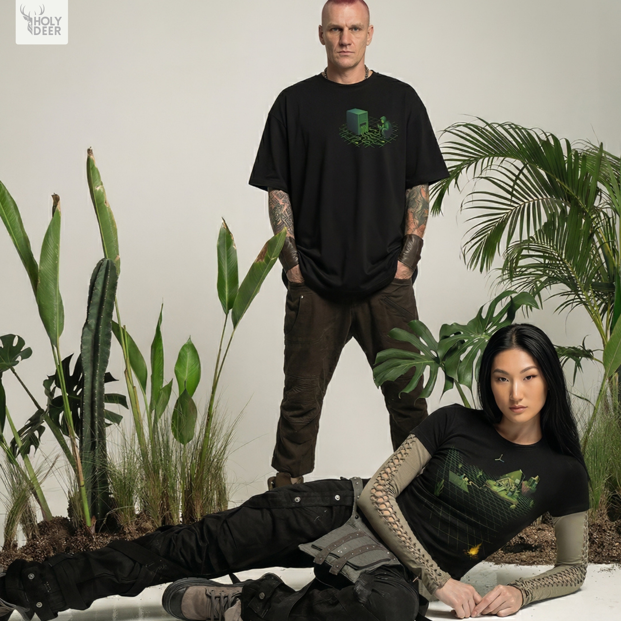 A candid modern tech hub outdoor lifestyle photo featuring a programmer wearing the official Minimalist Indie Game Dev Shirt by Holydeer Clothing, blending seamlessly into raw game dev shirt and dynamic unity developer tee settings.