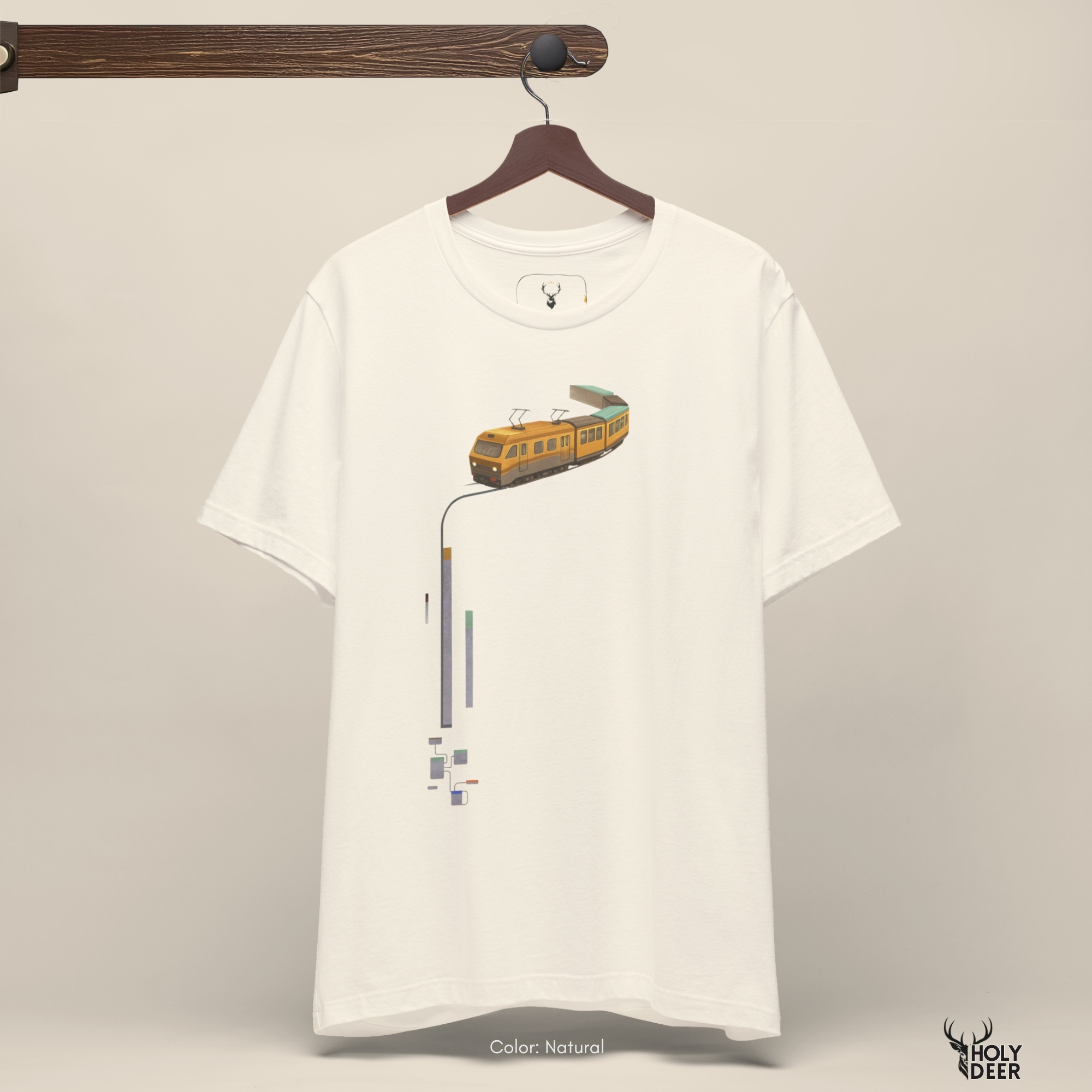 The iconic Subway Tee hanging cleanly on a luxury wood hanger, highlighting the robust neckline structure, crisp vertical diagram flow, and the official holydeer.com retail tags.
