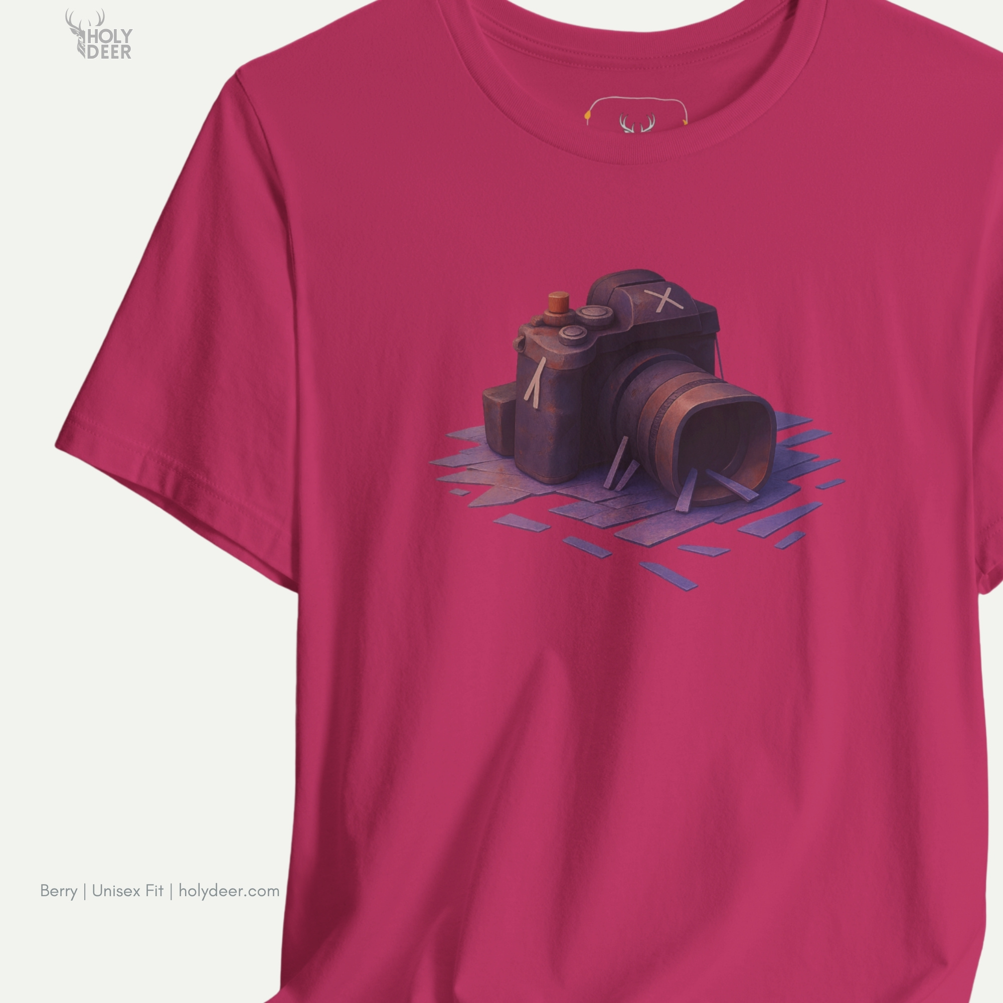 Macro view of the fine line-art details and clean contrast shading on the single purple shadow geometric shards and side dial mechanisms embedded in the Photographer Shirt artwork, showing the print depth that separates this holydeer tee from generic products.