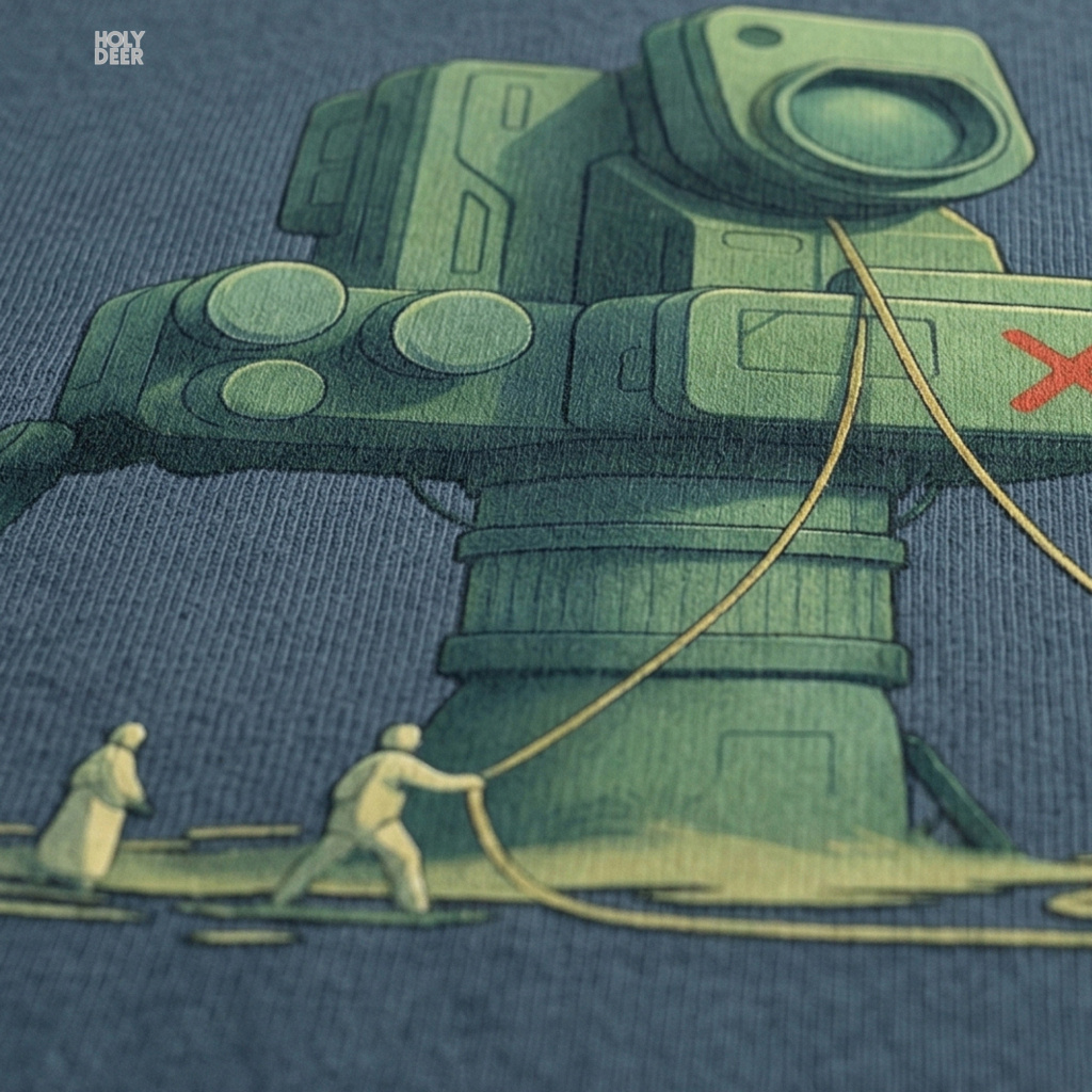 Macro view of the Creative Photo Tee print showcasing intricate ink shading on the heavy military green camera lens housing, mechanical hatch panels, and a bold red X stencil crafted exclusively by Holydeer Streetwear.