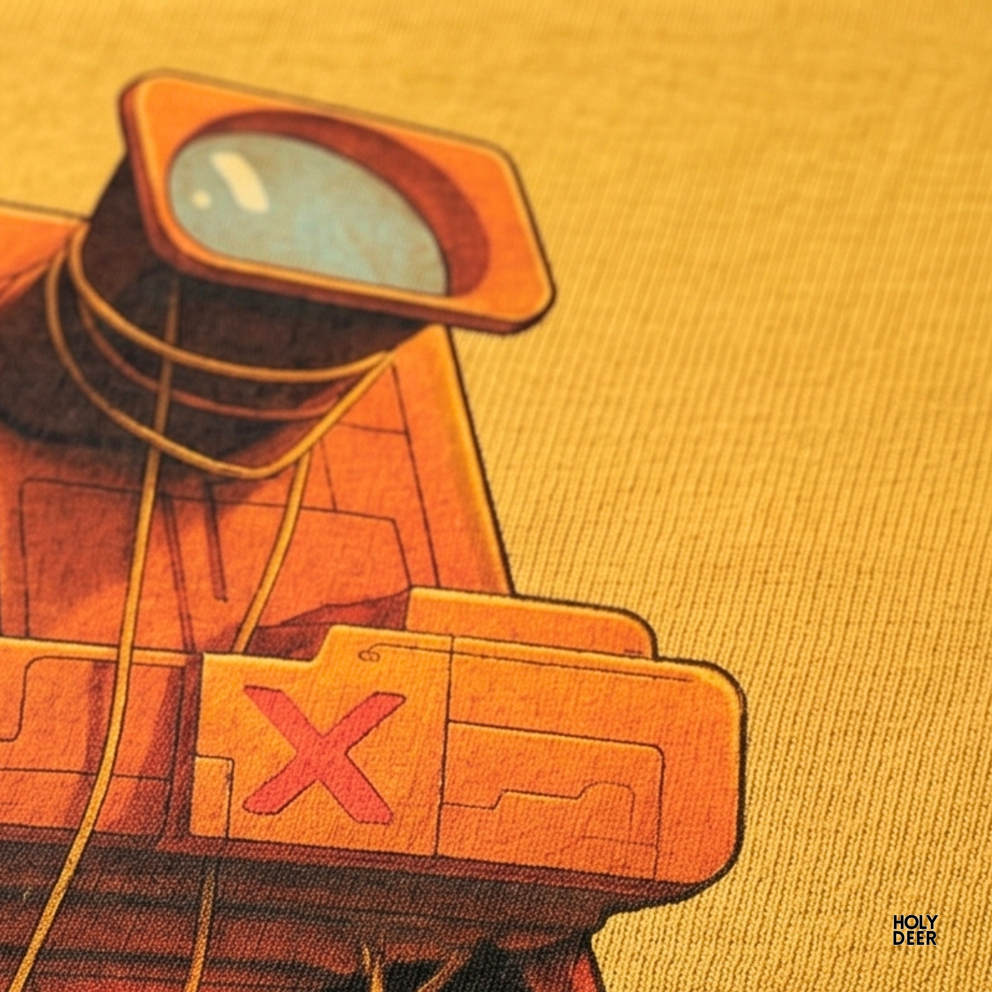 Macro view of the Surreal Camera Art print showcasing intricate ink shading on the massive camera lens visor, mechanical panel textures, and the striking red X marker crafted exclusively by Holydeer Streetwear.