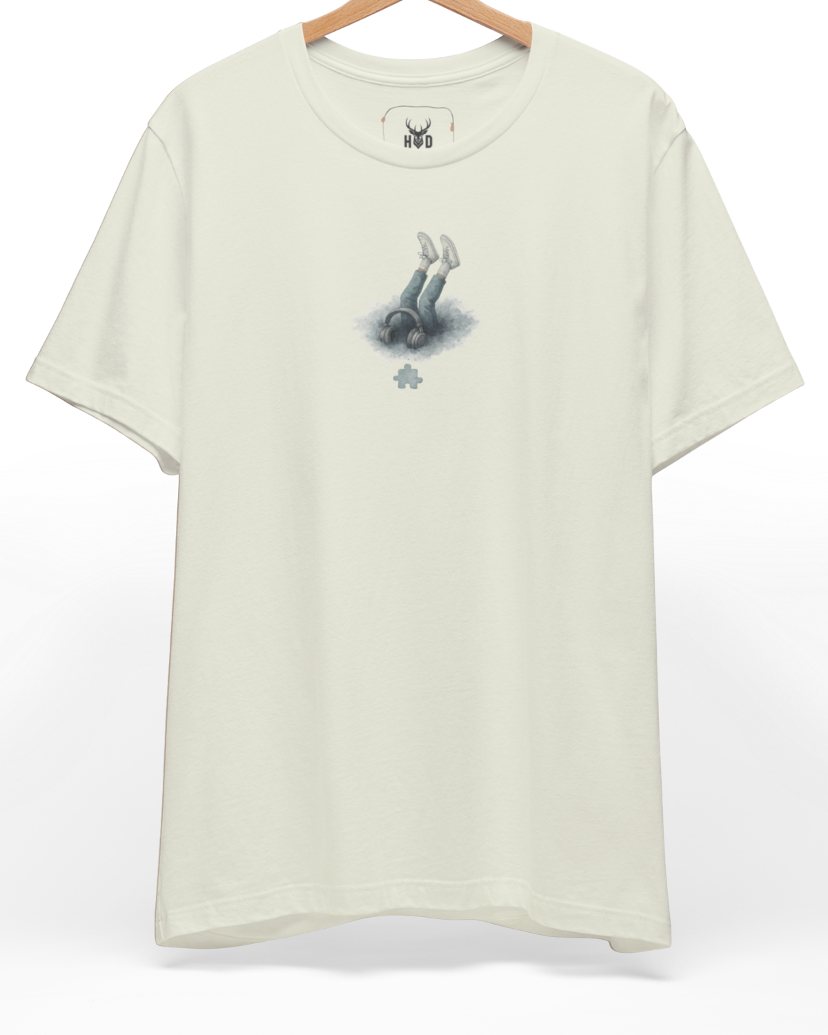 Premium Indie Musician Tee displaying a high-detail puzzle piece art and minimalist music design concept on a vintage white tee fabric layout, designed by Holydeer Clothing.