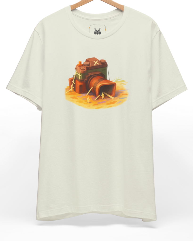 Front perspective of the modern-graphic-tee-photography-enthusiast-surreal-camera-art-top-white-finish-holydeer-lifestyle.jpg garment showing the warm ink camera shelter illustration printed on a premium vintage black Holydeer shirt.