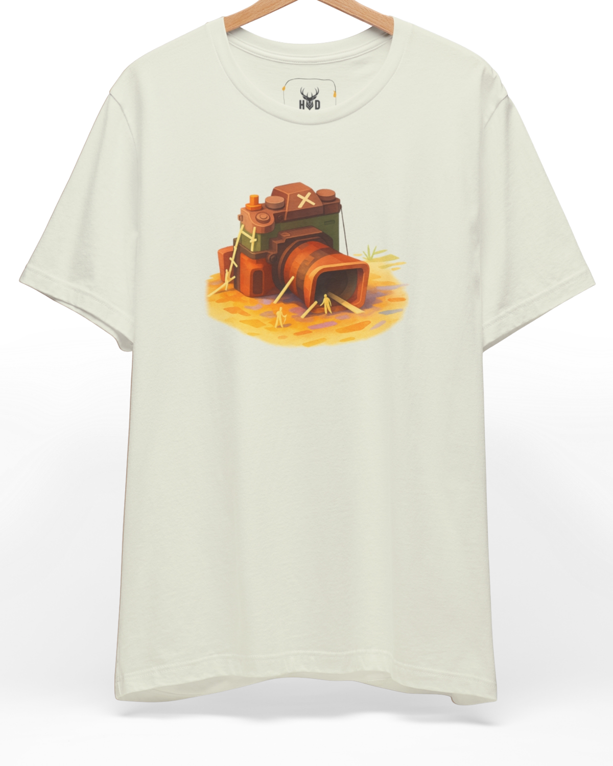 Front perspective of the modern-graphic-tee-photography-enthusiast-surreal-camera-art-top-white-finish-holydeer-lifestyle.jpg garment showing the warm ink camera shelter illustration printed on a premium vintage black Holydeer shirt.