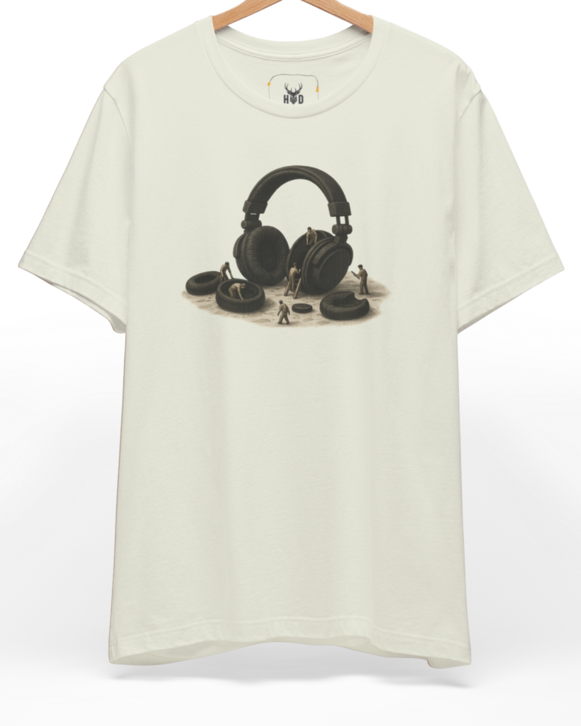 Front perspective of the audiophile-gift-headphone-construction-art-modern-studio-worker-top-by-holydeer-exclusive-audio.jpg garment showing the sepya ink audio illustration printed on a premium citron Holydeer shirt.