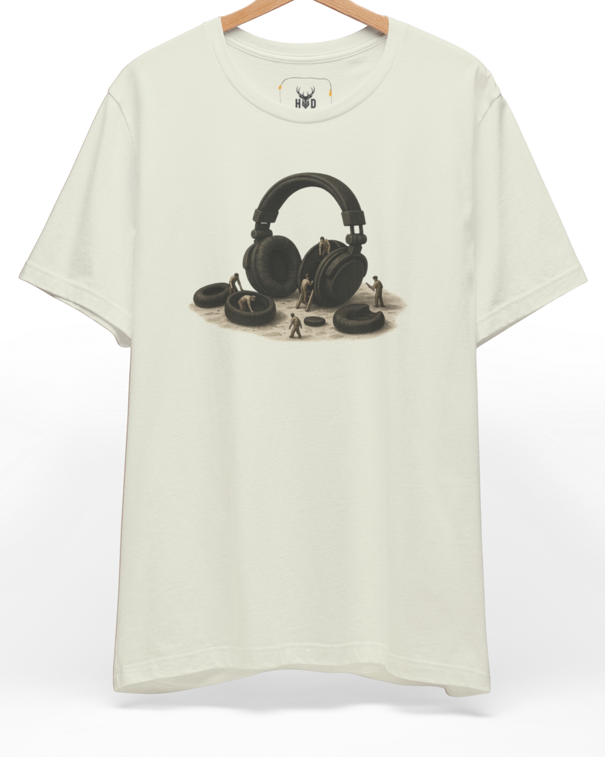 Front perspective of the audiophile-gift-headphone-construction-art-modern-studio-worker-top-by-holydeer-exclusive-audio.jpg garment showing the sepya ink audio illustration printed on a premium citron Holydeer shirt.