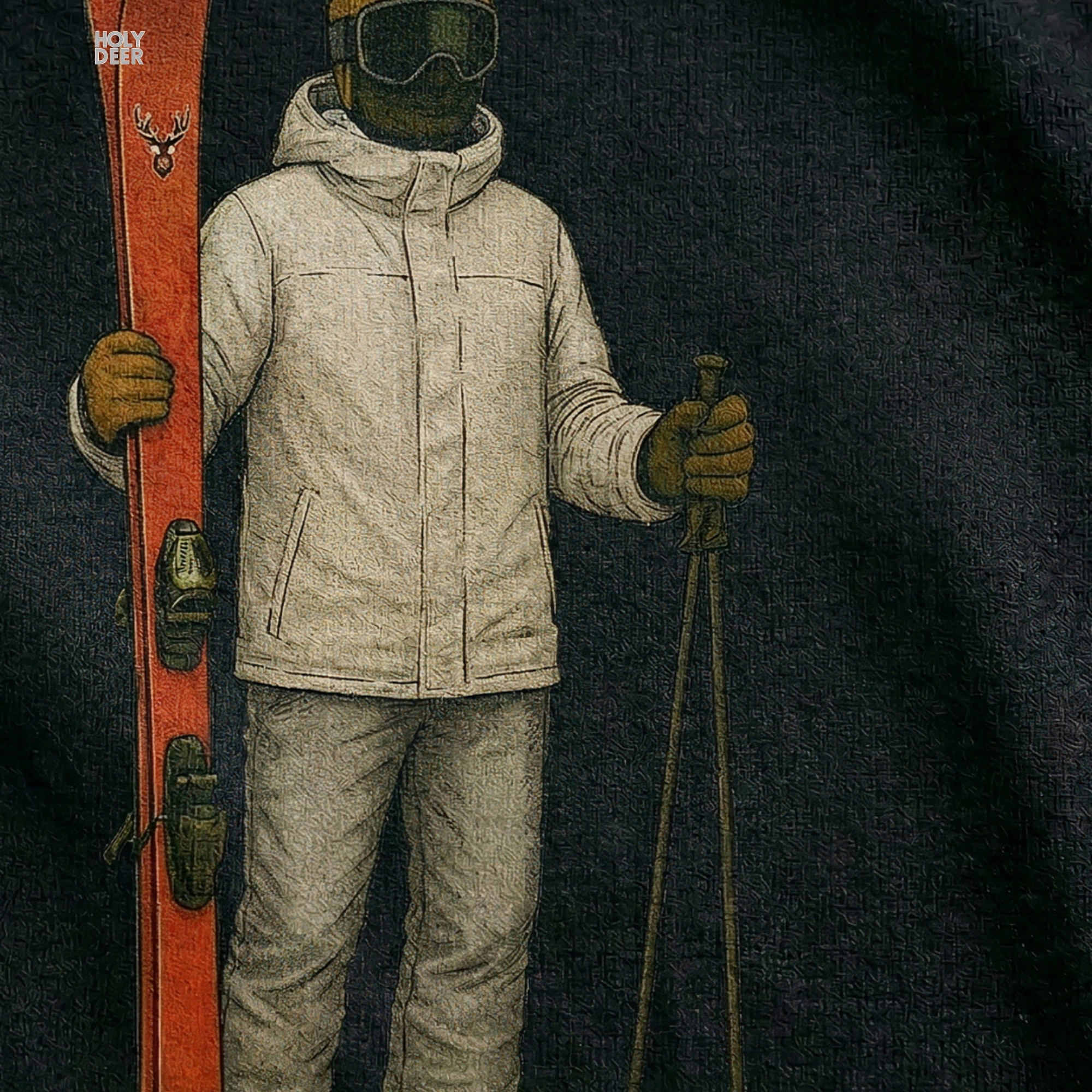 Macro view of the Minimalist Ski Tee print showcasing intricate shading on the vertical red ski board graphic, crisp winter goggles, and fine aesthetic snow art points crafted exclusively by Holydeer Streetwear.