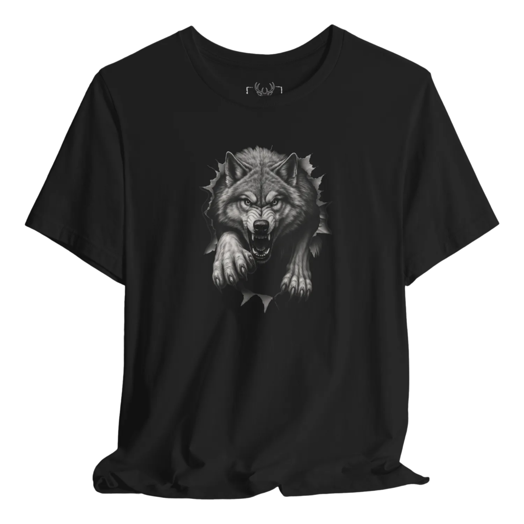 Fierce Wolf Graphic T-Shirt for animal lovers, featuring a bold wolf graphic on soft cotton material. Perfect for outdoor adventures and everyday wear, this unique gift for him showcases a stylish black wolf design suited for men who appreciate wildlife.