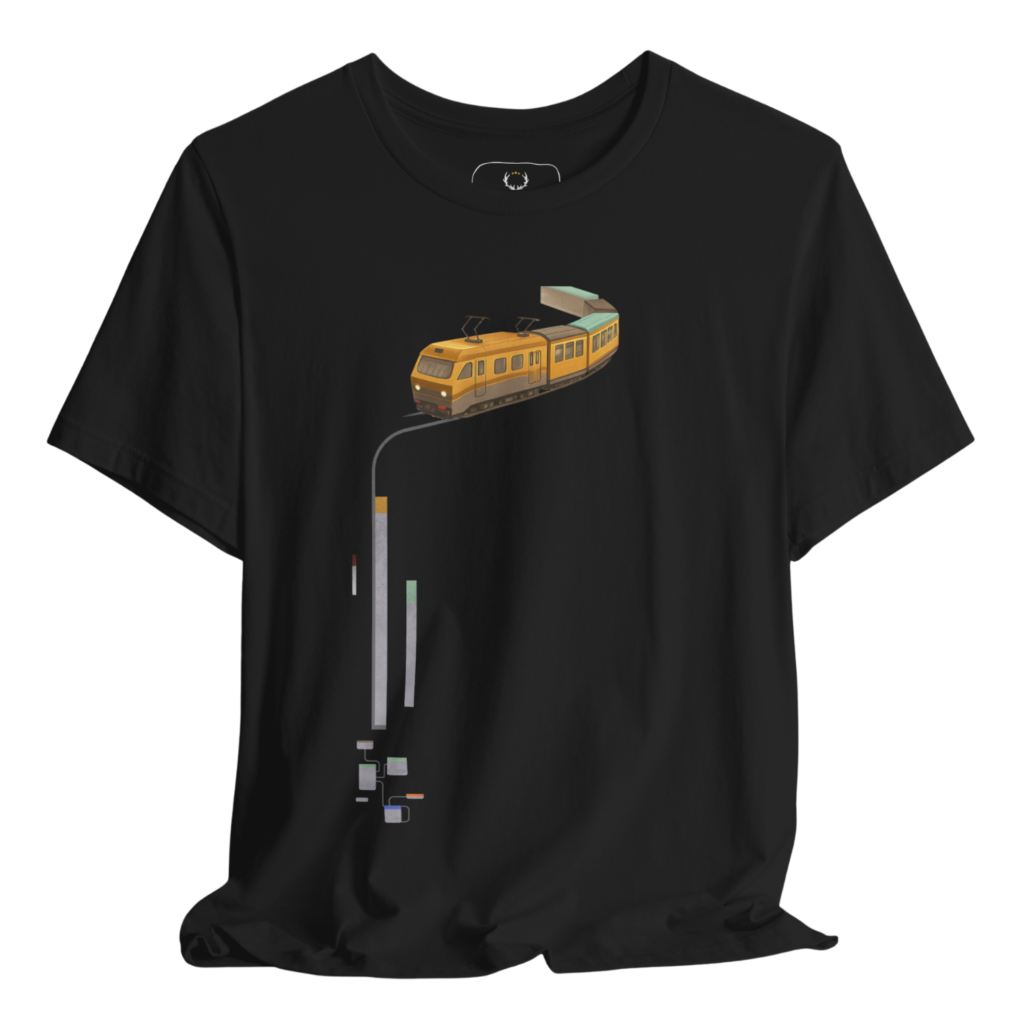 Black t-shirt featuring a vibrant illustration of a yellow train