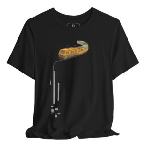Black t-shirt featuring a vibrant illustration of a yellow train
