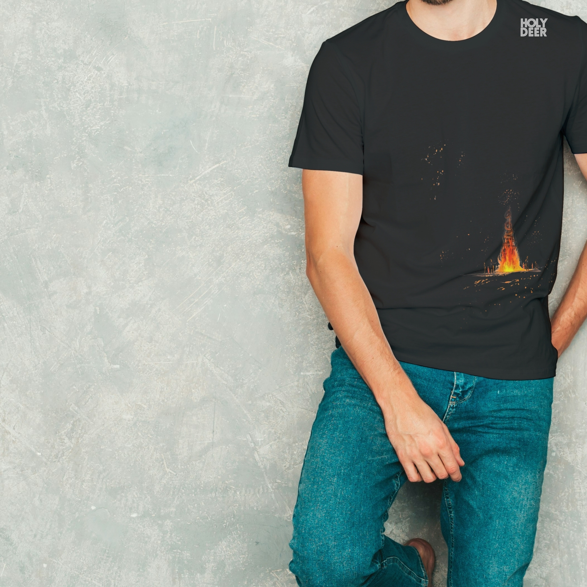Technical close-up highlighting the scattered orange dots and loose crimson paint specks drifting high into the negative backdrop of the minimal tshirt art.