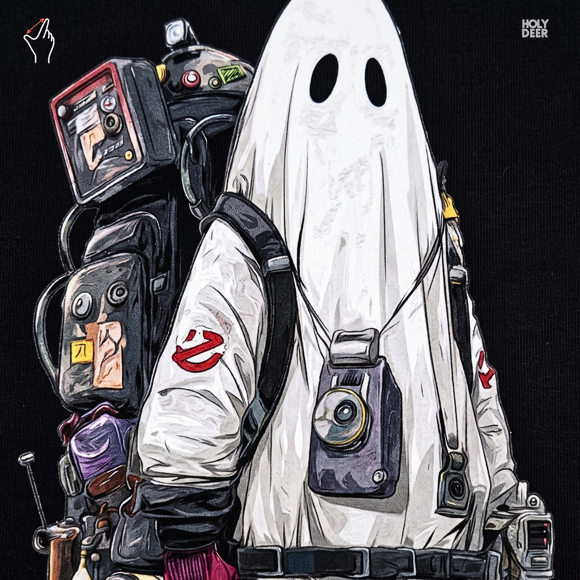 Soft industrial shadow studio backdrop framing the unique Cyberpunk Ghost Hunter Shirt by Holydeer Streetwear, magnifying the clean centered cyberpunk ghost placement and premium unique artist gift presentation.