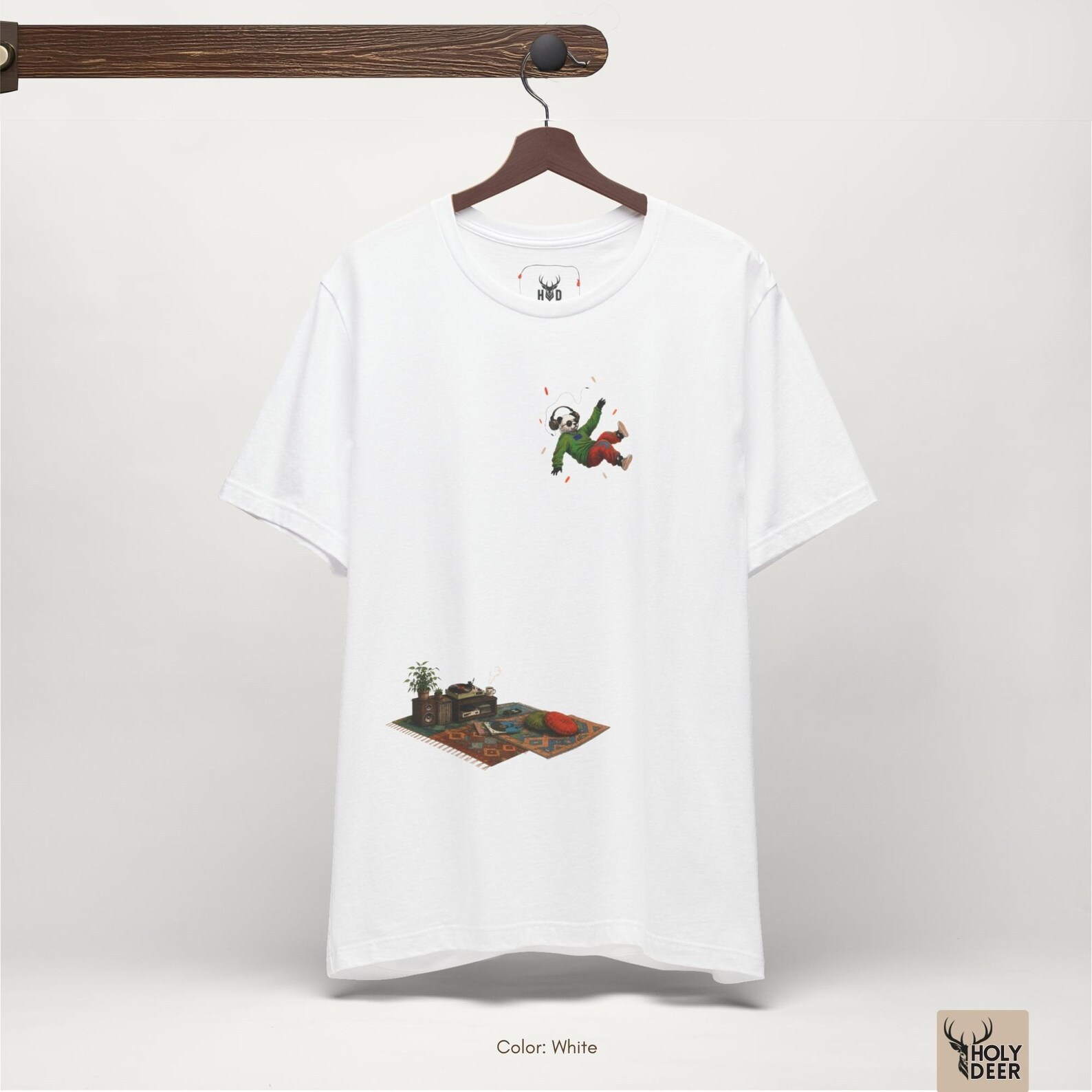 Moody high-contrast product edit of the Music Panda Tee, maximizing the rich black canvas shadows and cementing Holydeer Clothing as the supreme design authority.