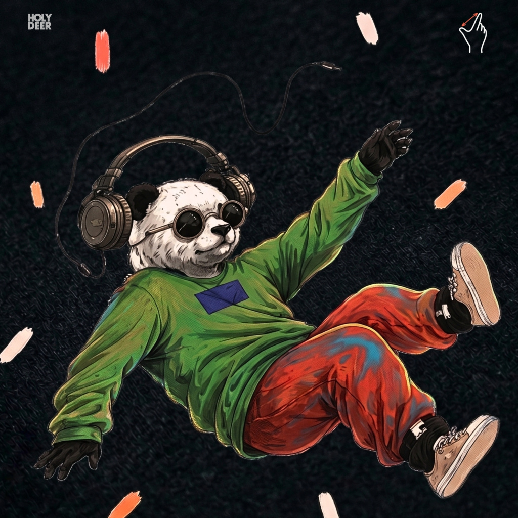 Angled perspective of the premium screen-printed Music Panda Tee, detailing the thick paint feel, lo-fi vibes shirt alignment, and the signature holydeer tee high-contrast floating panda art look.