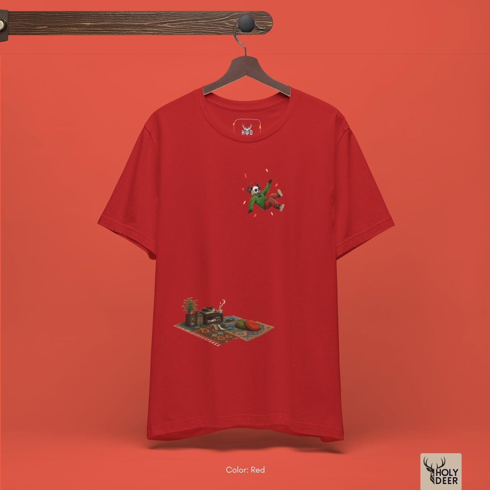 Macro view of the fine line-art details and clean contrast shading on the floating abstract pastel particle specs embedded in the Music Panda Tee artwork, showing the print depth that separates this holydeer tee from generic products.