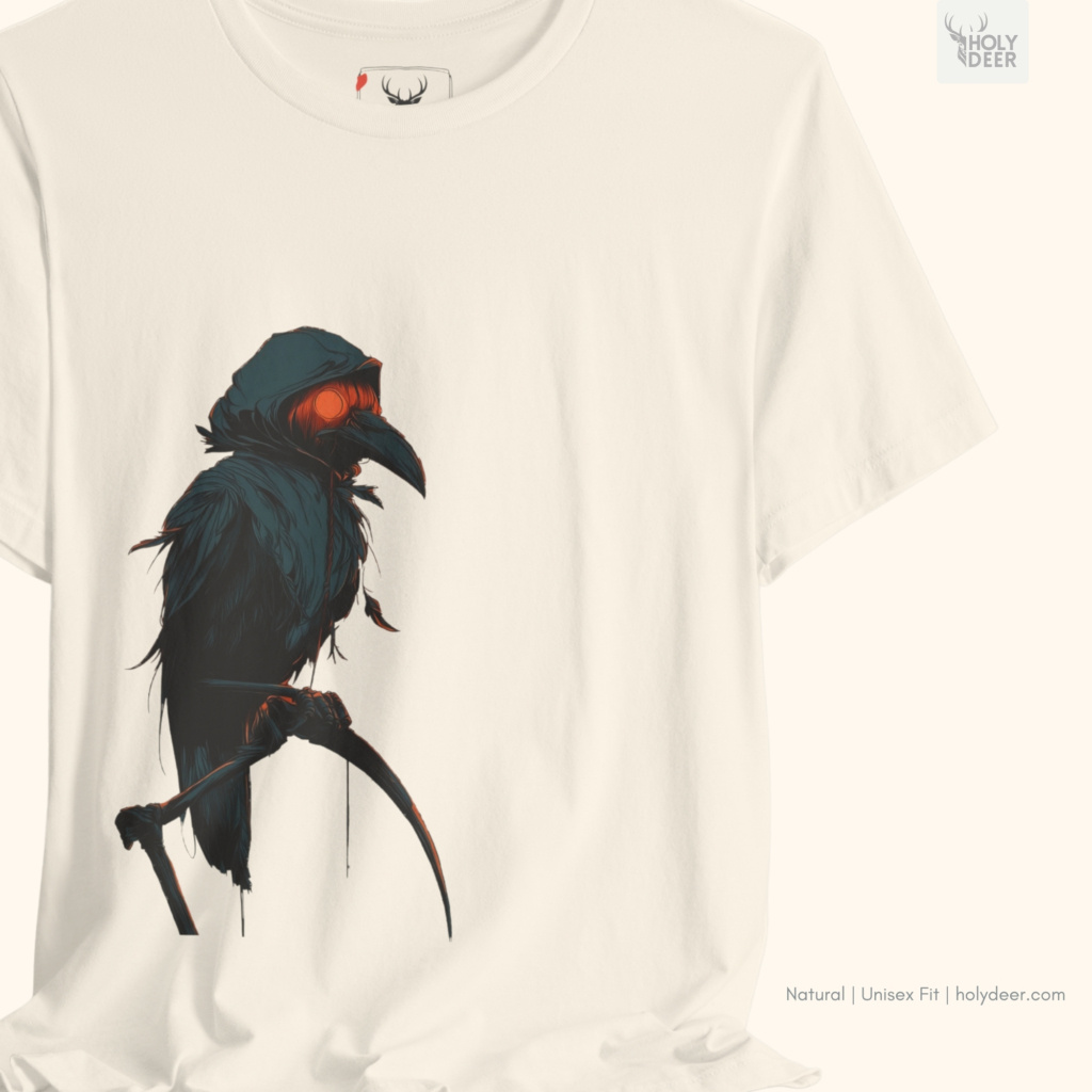 High-magnification print detail tracking the hot orange core, fiery red rim gradients, and sharp shadow frames forming the watchful eye of the plague doctor tee.