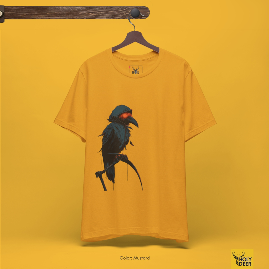 Detailed macro perspective displaying the overlapping deep blue-black feather paths, tattered cloth folds, and rich shadow cross-hatching on the dark bird shirt panel.