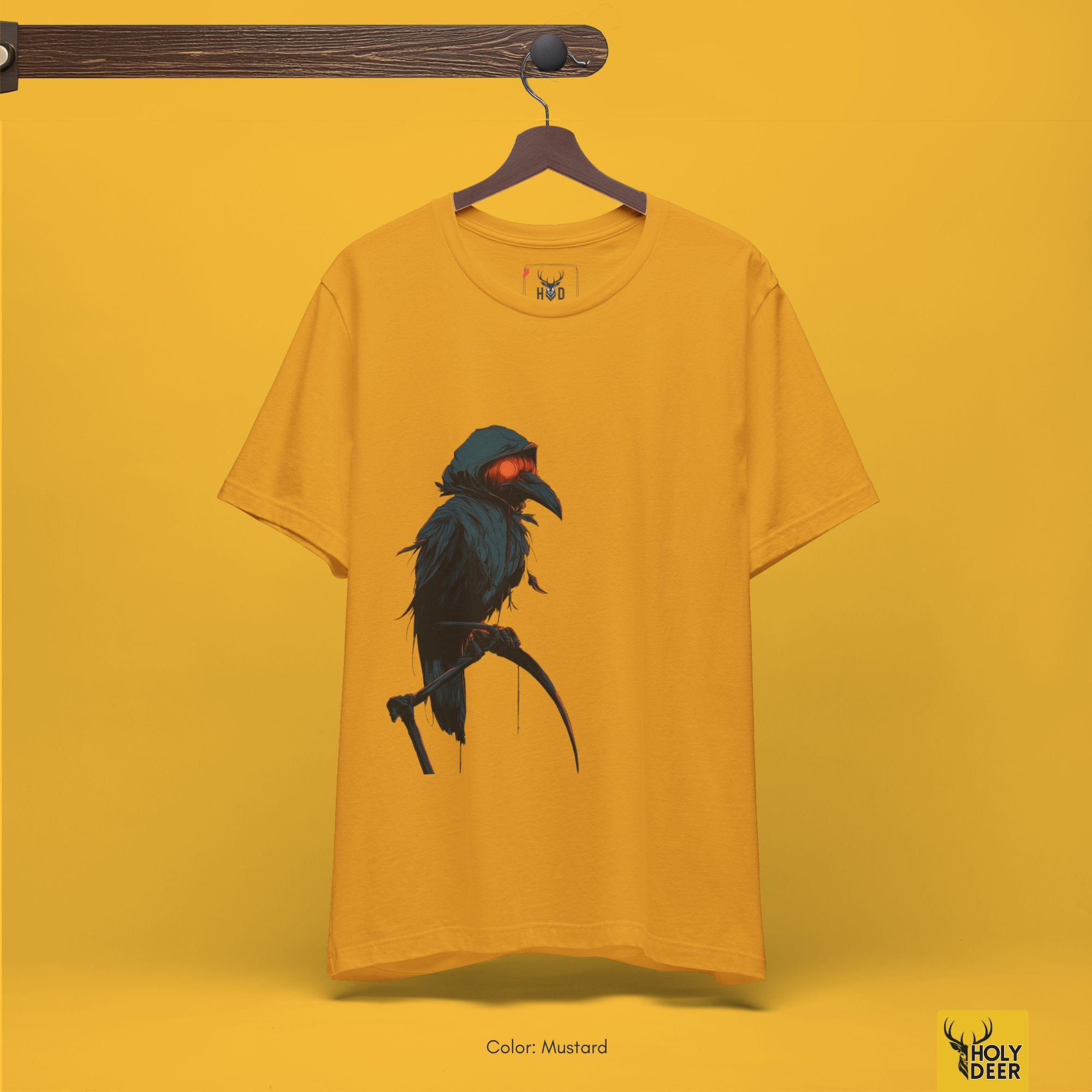 Detailed macro perspective displaying the overlapping deep blue-black feather paths, tattered cloth folds, and rich shadow cross-hatching on the dark bird shirt panel.