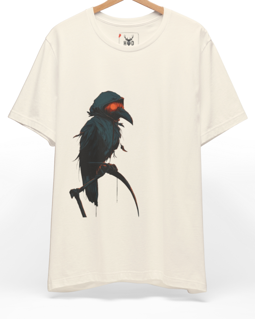 Front perspective of the 119.jpg garment showing the dark ink bird illustration printed on a premium natural cream Holydeer knit shirt.