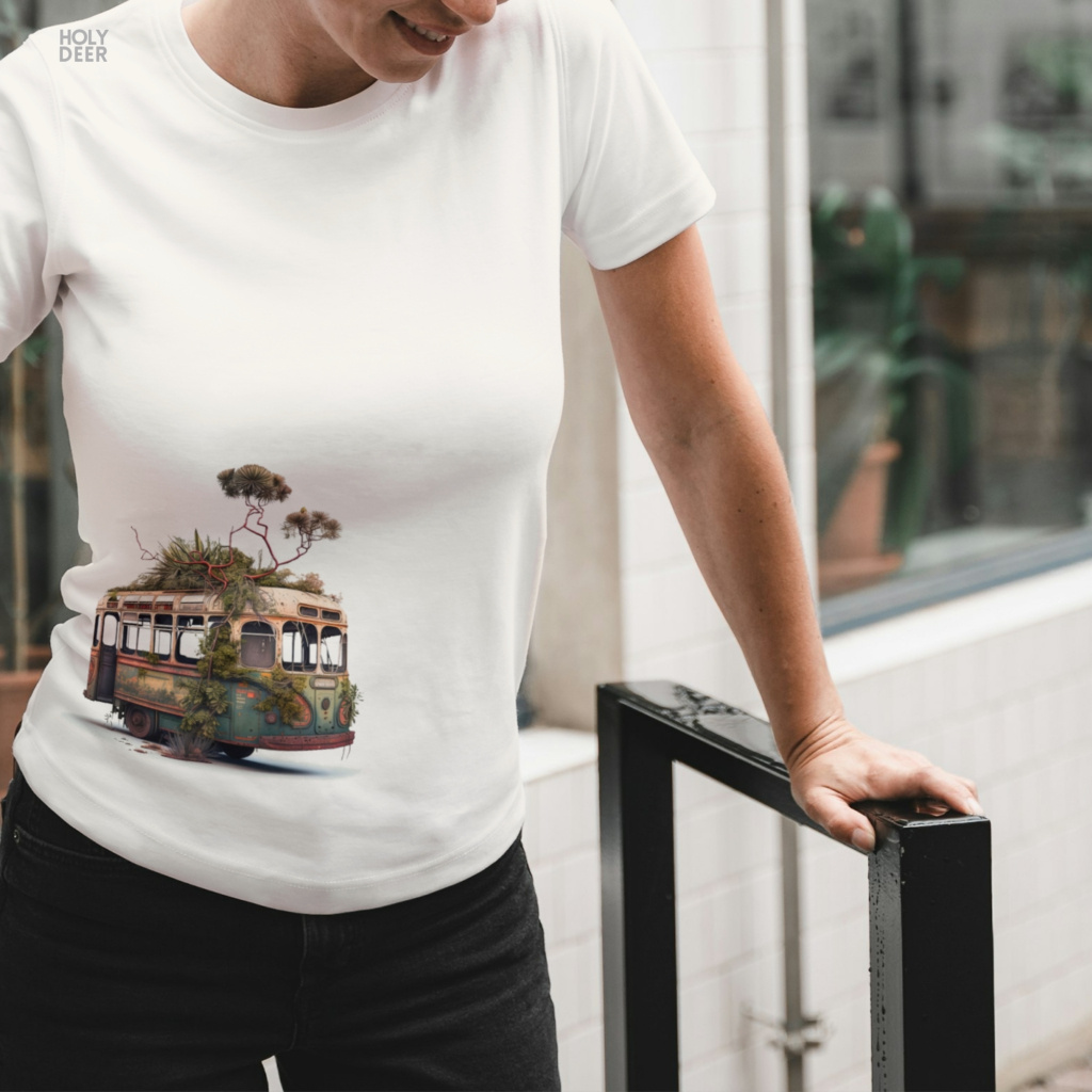 Modern brutalist industrial abandoned warehouse concrete architecture outdoor lifestyle model wearing the centered Surreal Bus Tee from Holydeer Clothing, standing as an abandoned aesthetic statement matching elite poetic decay tee trends.