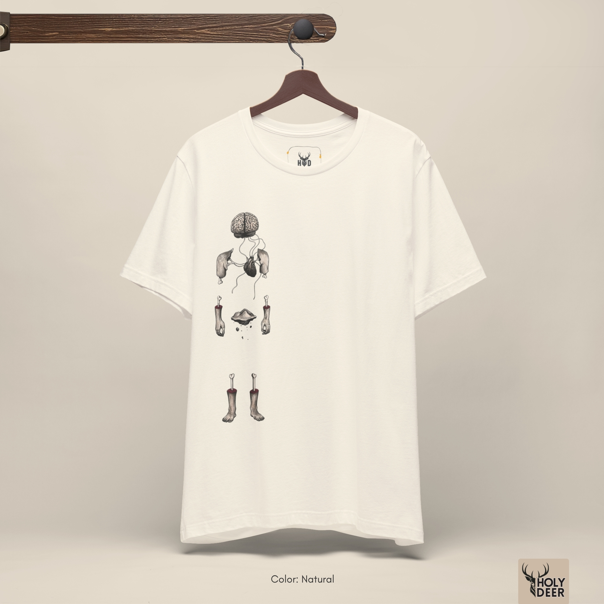Macro view of the Surreal Anatomy Tee print showcasing intricate line shading on the human brain, isolated lung nodes, and fine surreal art tshirt lines crafted exclusively by Holydeer Streetwear.