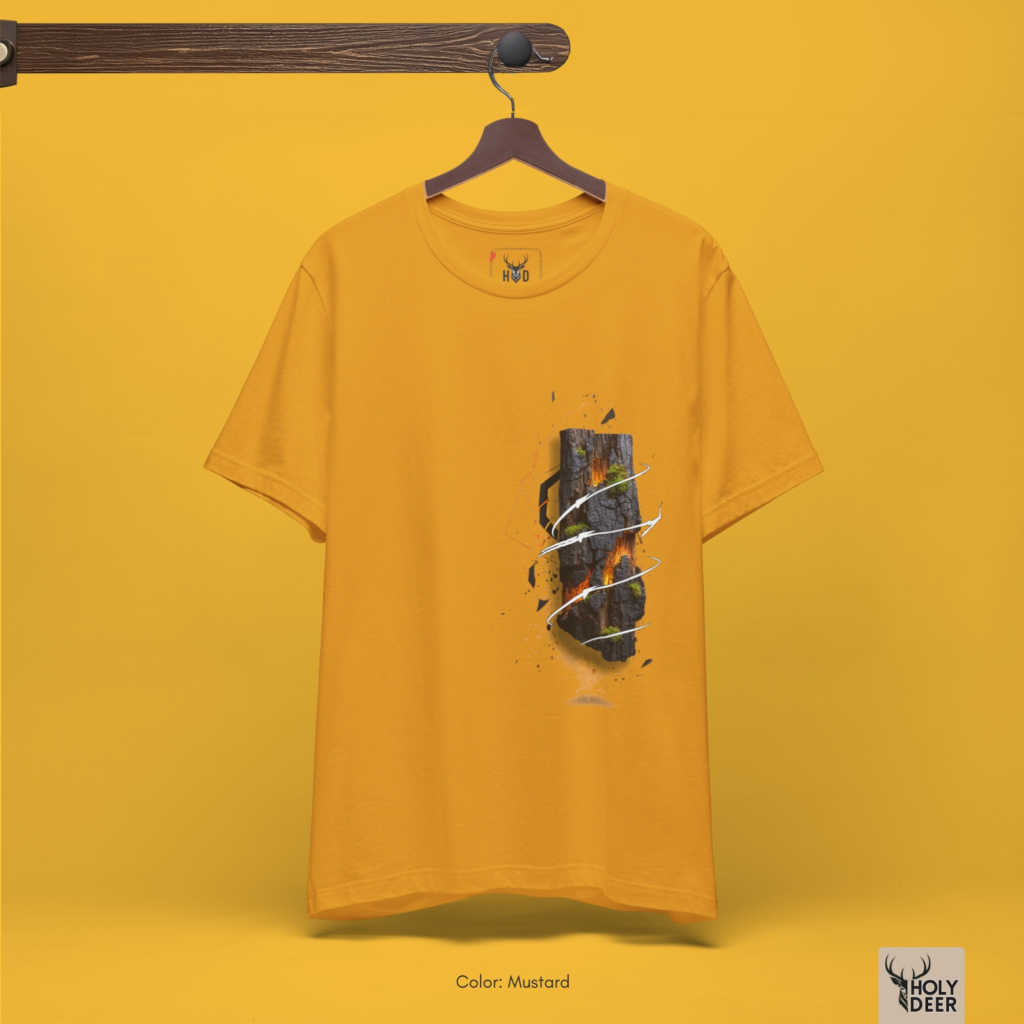 Soft dramatic tectonic orange shadow studio ray backdrop framing the unique Lava Rock Tshirt by Holydeer Streetwear, magnifying the clean off-center surreal rock tee placement and premium volcanic tee presentation.
