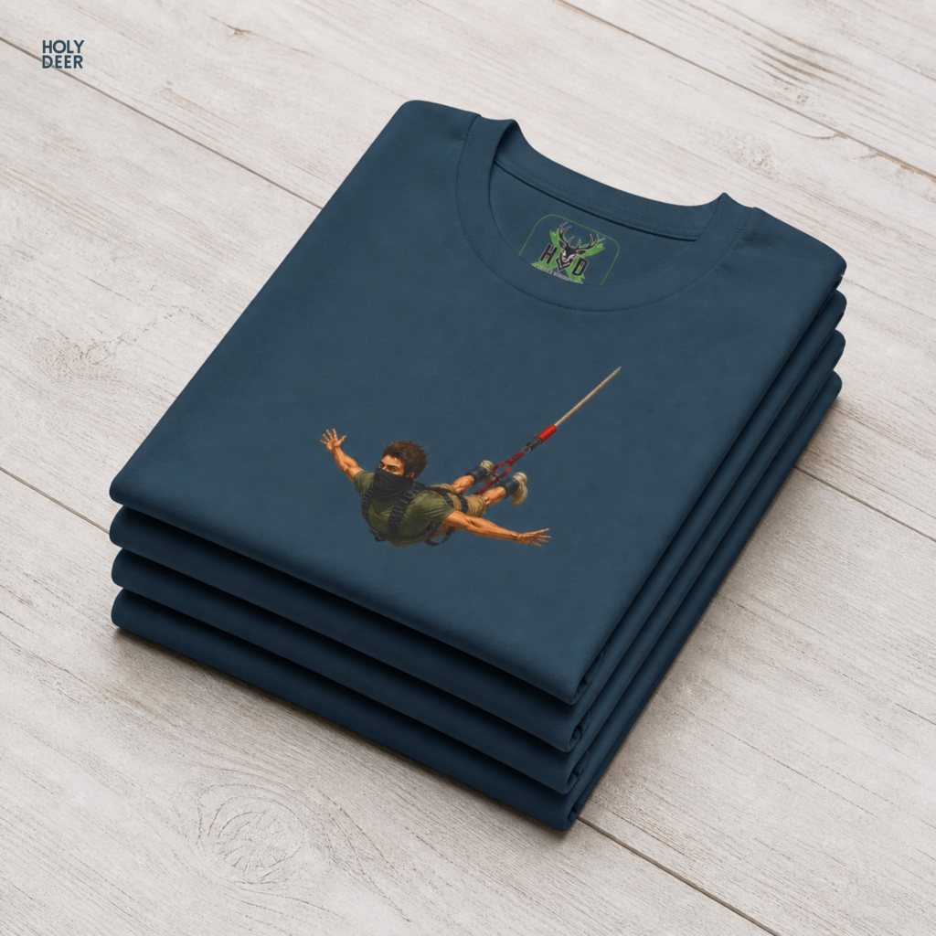 Urban lifestyle model wearing the asymmetrically balanced Bungee Jumping Tee from Holydeer Clothing, standing as a high-end cliff jump top statement matching elite minimalist action trends.