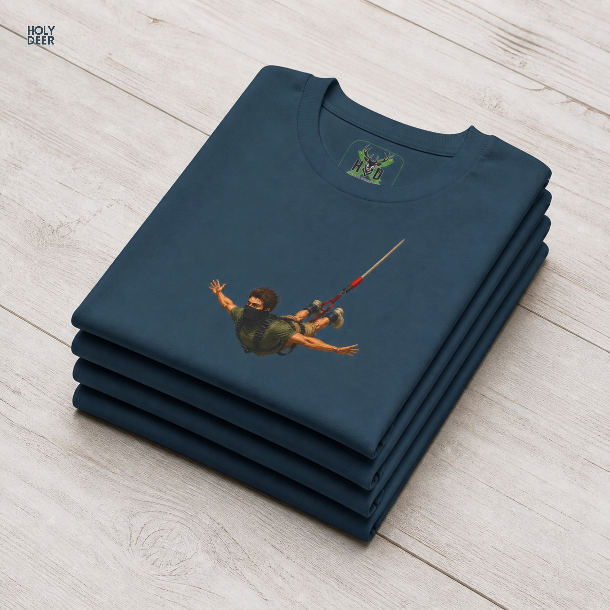 Urban lifestyle model wearing the asymmetrically balanced Bungee Jumping Tee from Holydeer Clothing, standing as a high-end cliff jump top statement matching elite minimalist action trends.