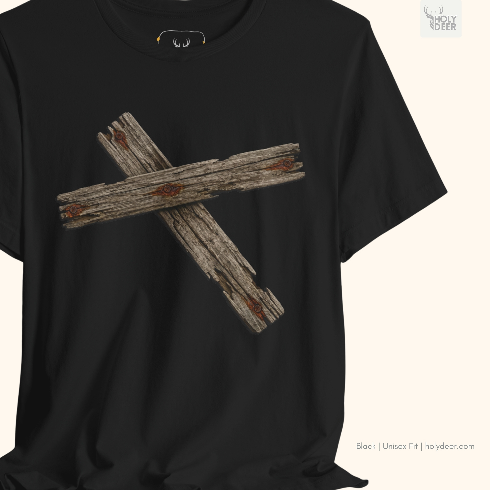 Soft dramatic weathered shadow studio ray backdrop framing the unique Wooden Cross Tshirt by Holydeer Streetwear, magnifying the clean centered abstract cross tee placement and premium raw wood shirt presentation.