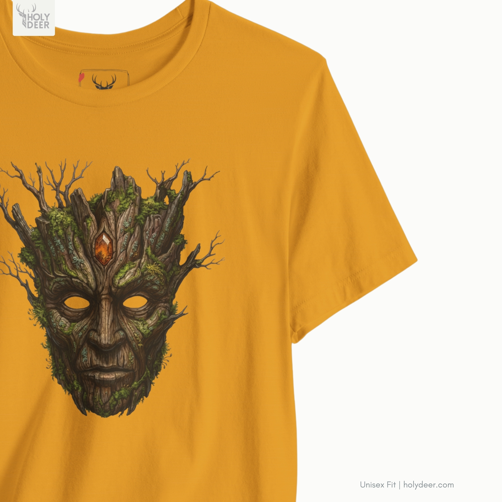 High-magnification print detail focusing on the faceted amber crystal embedded in the forehead, showing sharp orange ink saturation and clean highlight borders.