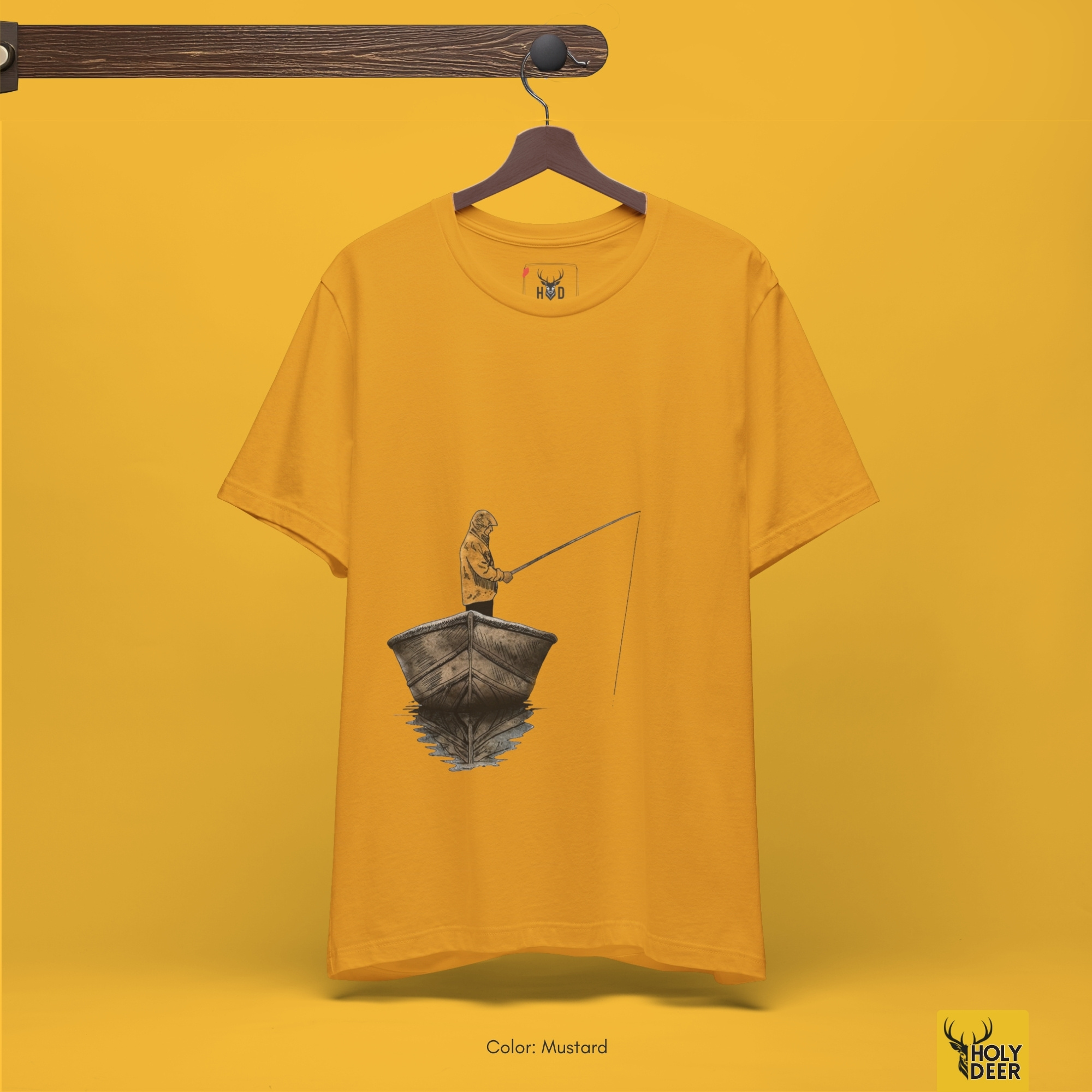 The iconic fishing tshirt hanging cleanly on a luxury wood hanger, highlighting the robust neckline structure, vertical fisherman tee flow, and the official holydeer.com retail tags.