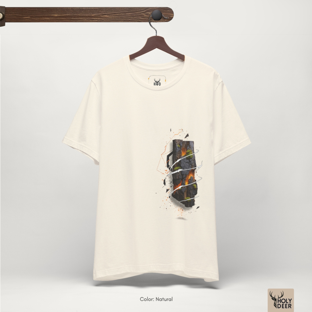 Professional flat lay photography of the Lava Rock Tshirt by Holydeer Apparel, arranged cleanly next to raw black obsidian glass chunks, porous volcanic scoria stones, and premium aesthetic lava tee lifestyle items.