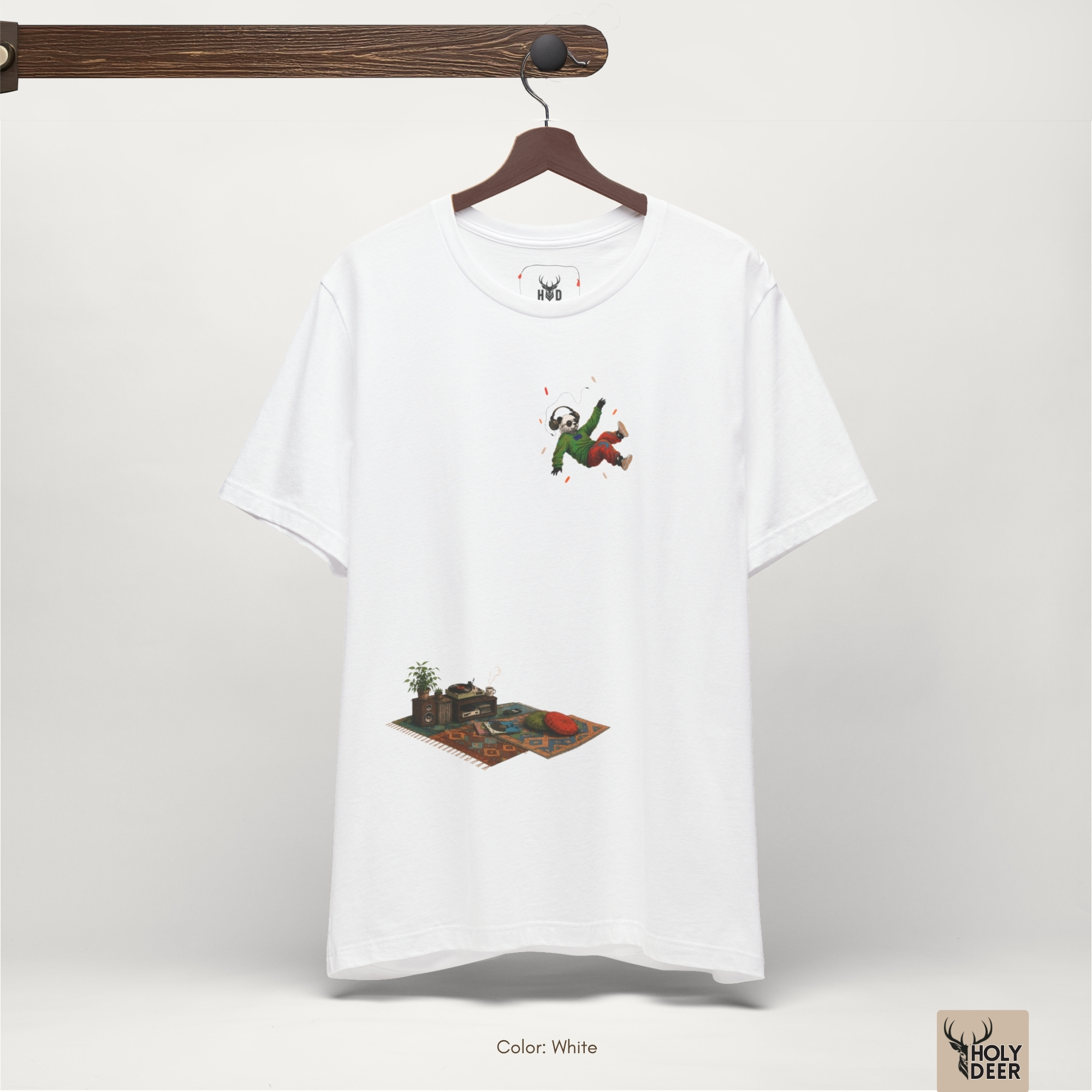 Minimalist white backdrop focusing heavily on the standalone frame of the Music Panda Tee by Holydeer, proving it acts as a unique retro vinyl gift and an essential panda t-shirt piece.