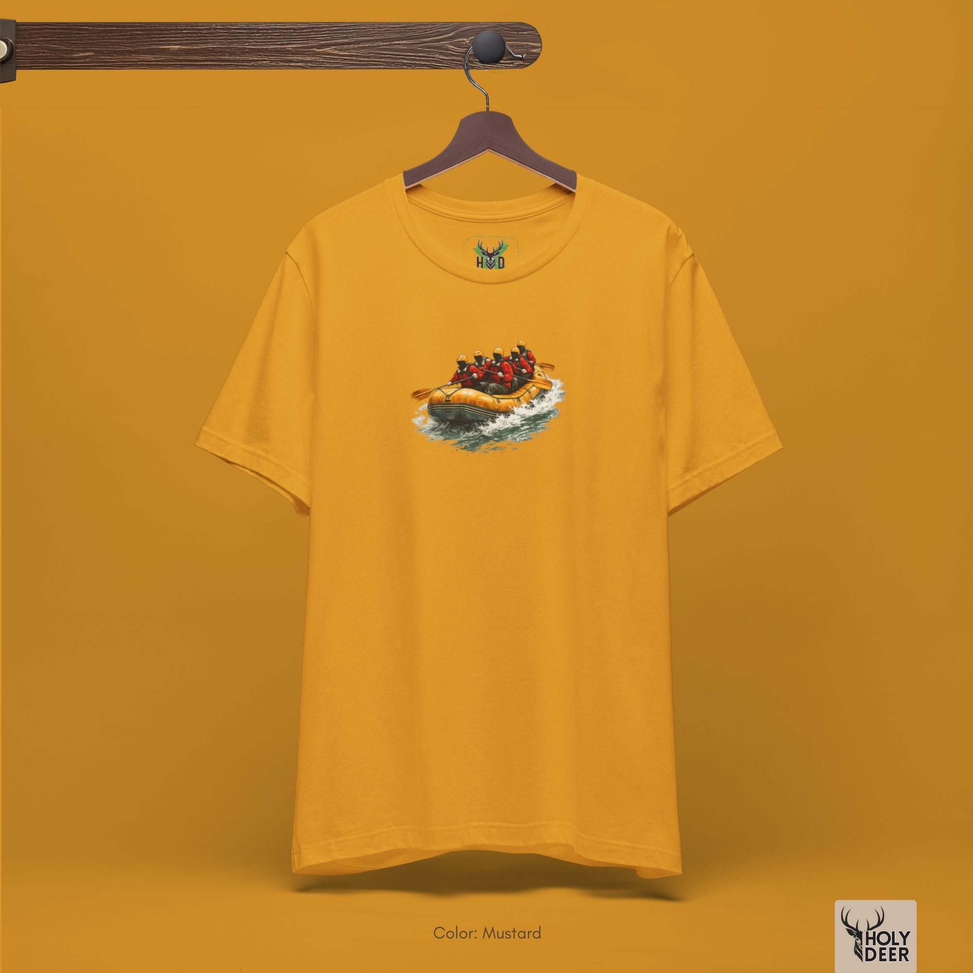 Professional flat lay photography of the Rafting Tee by Holydeer Apparel, arranged elegantly next to premium rafting team gift items and high-end white water tee blueprints.