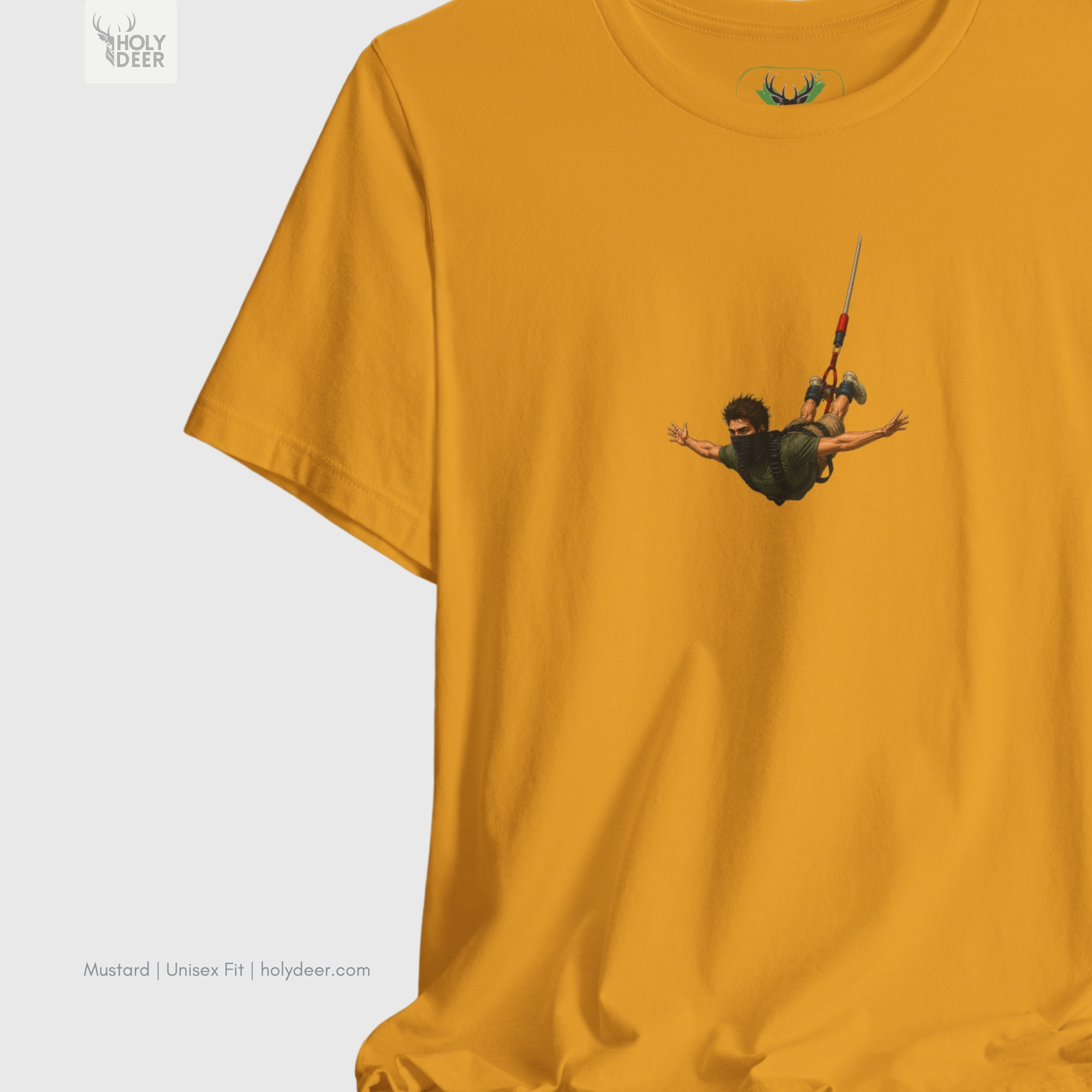 Professional flat lay photography of the Bungee Jumping Tee by Holydeer Apparel, arranged elegantly next to premium unique athlete gift layouts and high-end bungee flyer art blueprints.