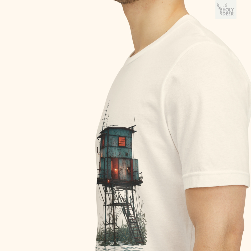Soft twilight shadow studio backdrop framing the unique Surreal Coastal Watchtower Shirt by Holydeer Streetwear, magnifying the clean centered ocean house tee placement and premium unique graphic tee presentation.