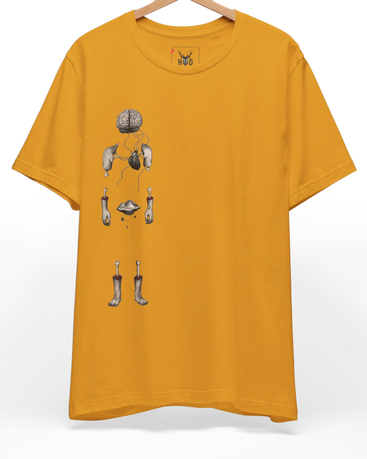 Premium Surreal Anatomy Tee displaying a high-detail human anatomy shirt sequence and abstract body tee concept on a mustard graphic shirt layout, designed by Holydeer Clothing.