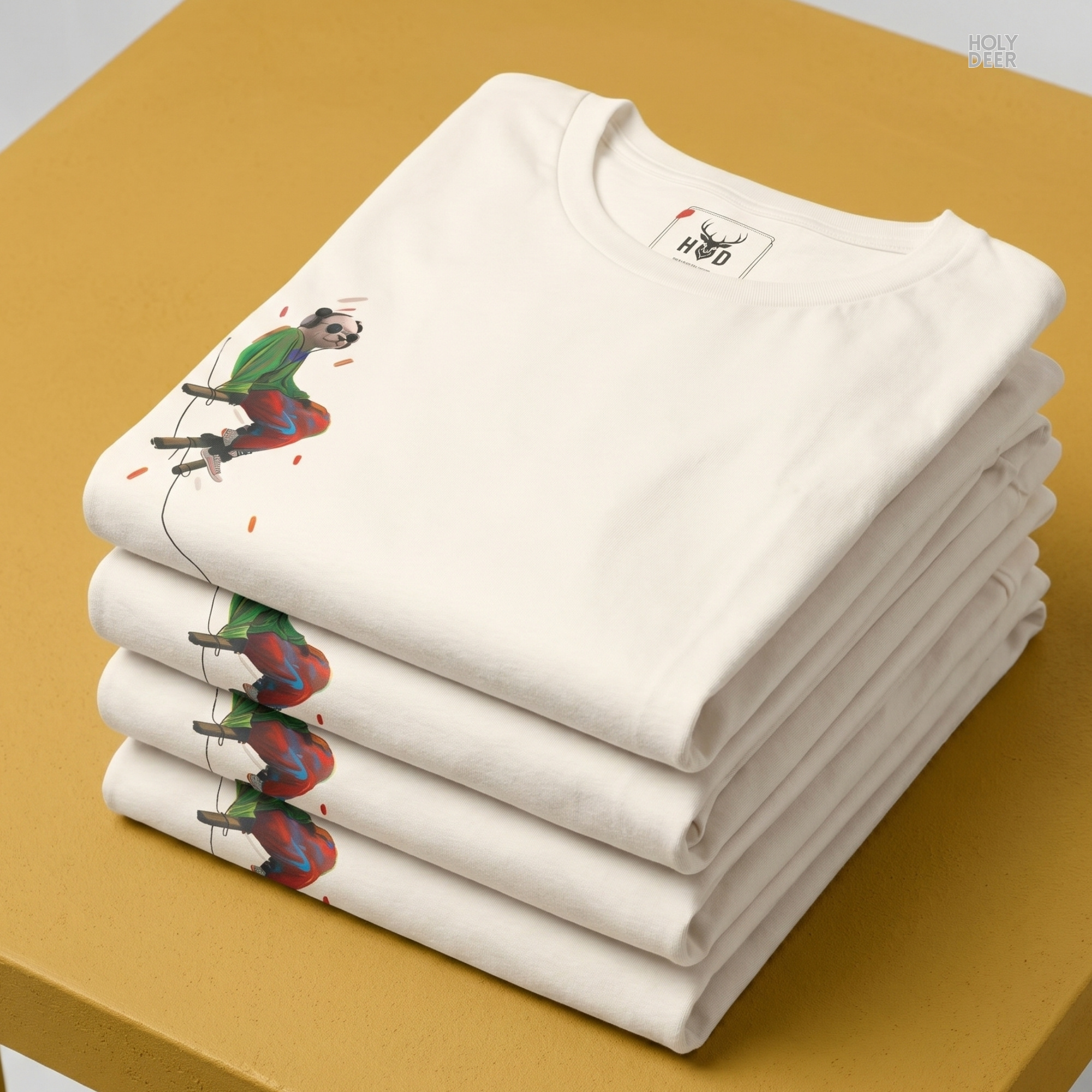 Soft pastel ambient shadow studio backdrop framing the unique Music Panda Tee by Holydeer Streetwear, magnifying the clean off-centered panda t-shirt placement and premium retro vinyl gift presentation.