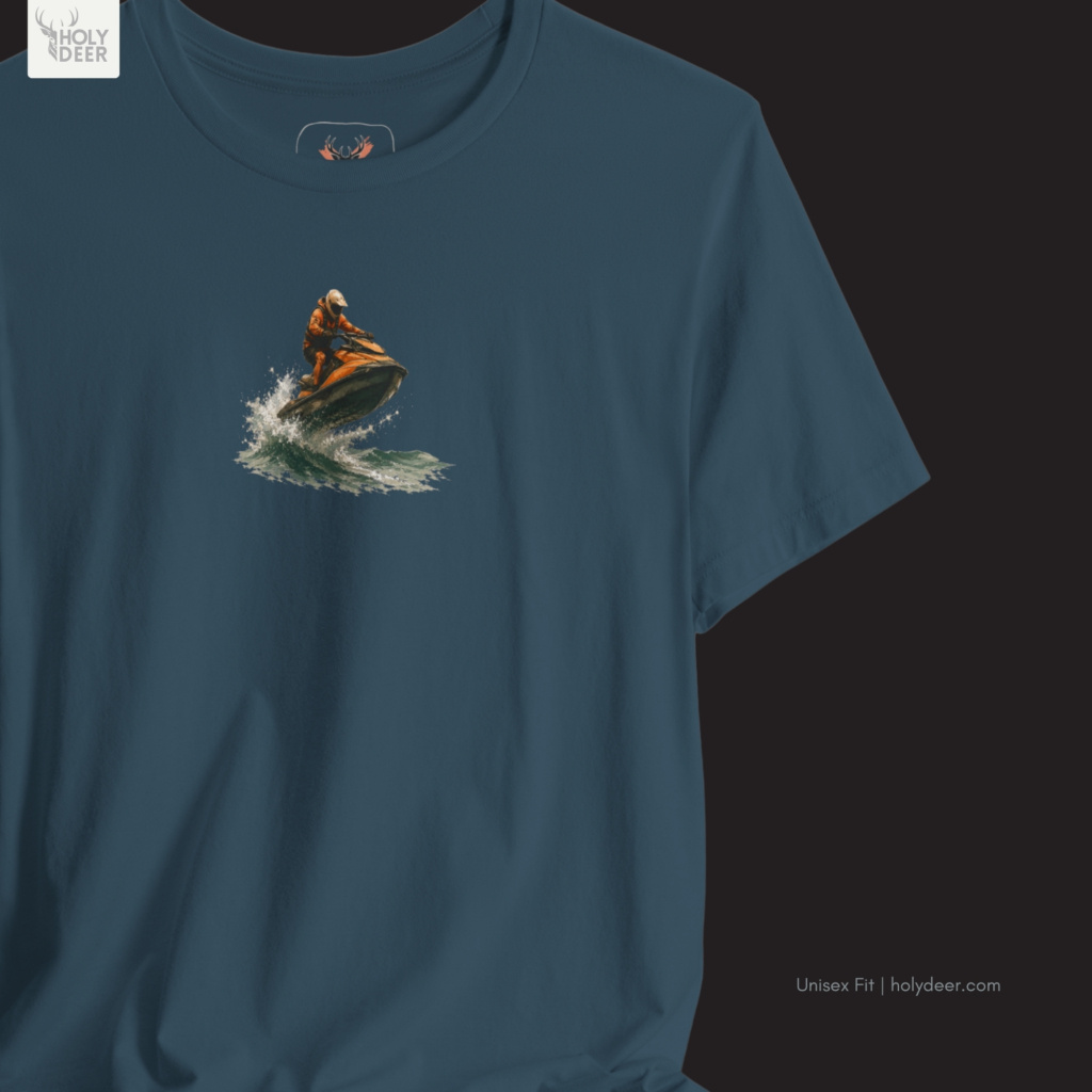 Coastline pier lifestyle model wearing the centered Jet Ski Tee from Holydeer Clothing, standing as a high-end summer action tee statement matching elite minimalist jet ski trends.