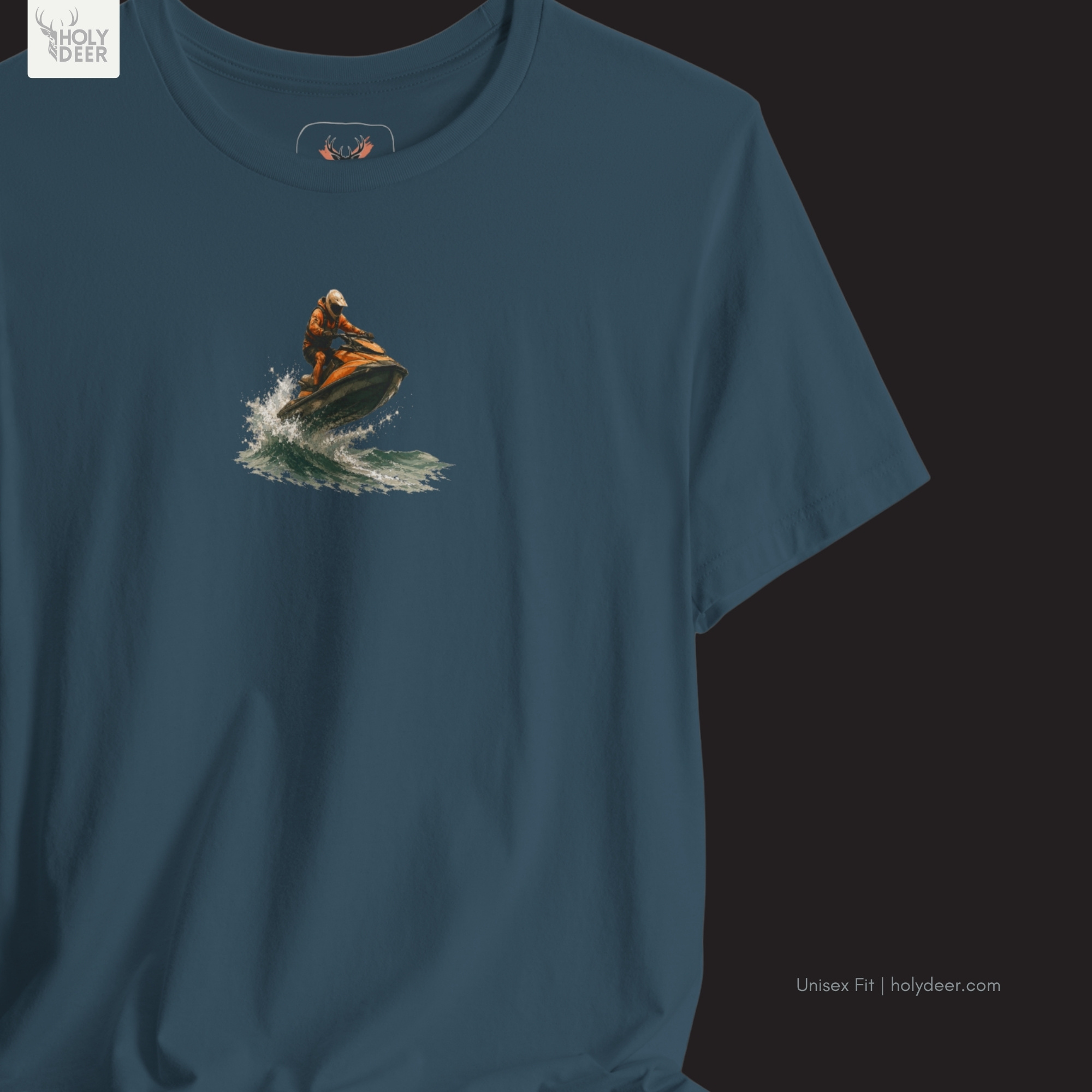Coastline pier lifestyle model wearing the centered Jet Ski Tee from Holydeer Clothing, standing as a high-end summer action tee statement matching elite minimalist jet ski trends.