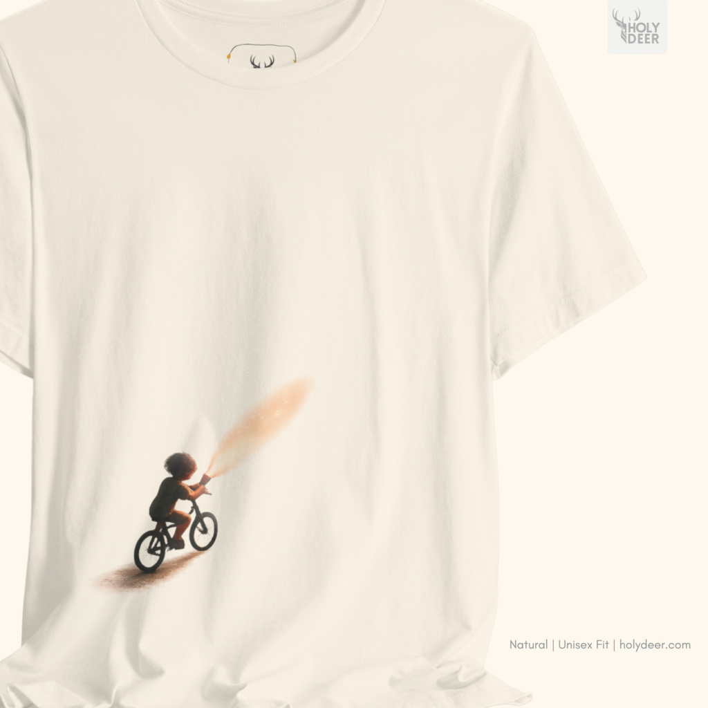 Macro view of the Minimalist Dream Bike Tee print showcasing intricate shading on the kid bike shirt figure, smooth stardust light gradients, and the raw indie style tee textures crafted exclusively by Holydeer Streetwear.