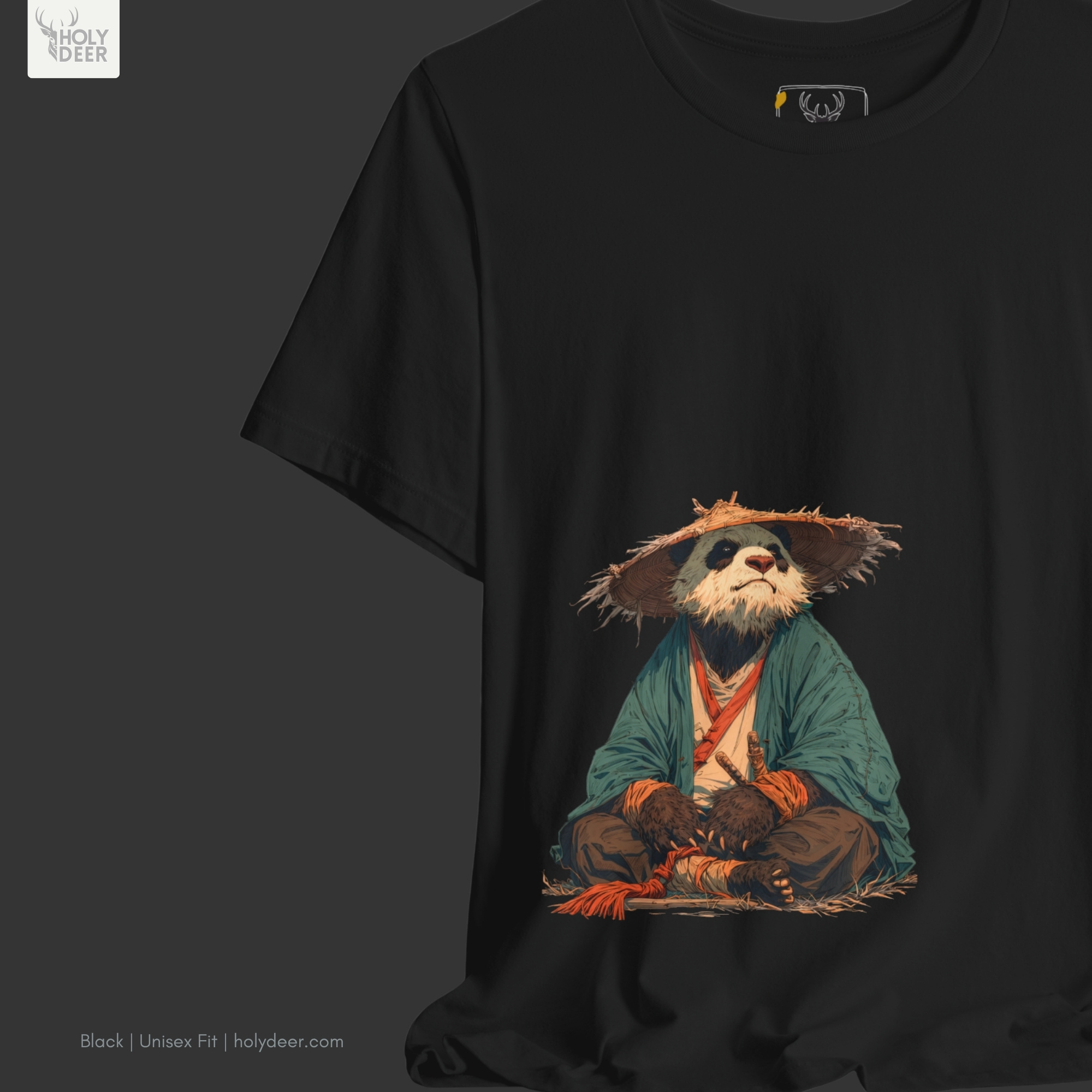 Soft bamboo shadow backdrop framing the unique Samurai Panda Shirt by Holydeer Streetwear, magnifying the clean off-centered zen panda tee placement and premium unique graphic tee presentation.