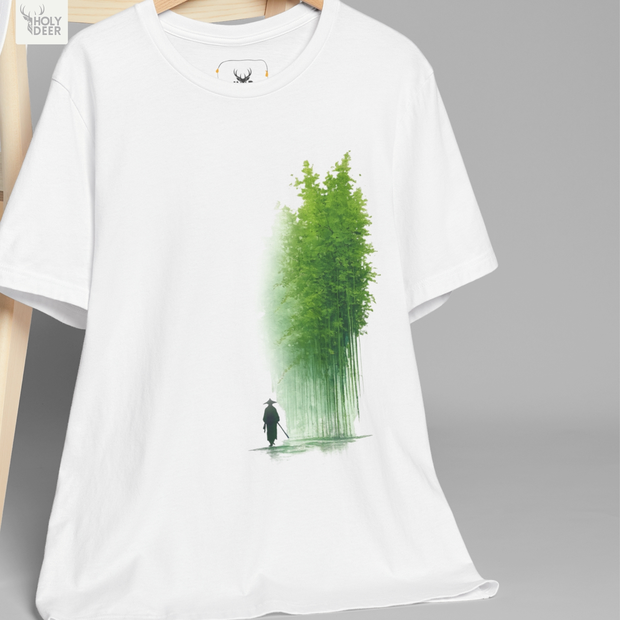 High-magnification print detail tracking the sharp dark silhouette, traditional conic hat outline, and single katana line forming the back view of the minimal samurai.