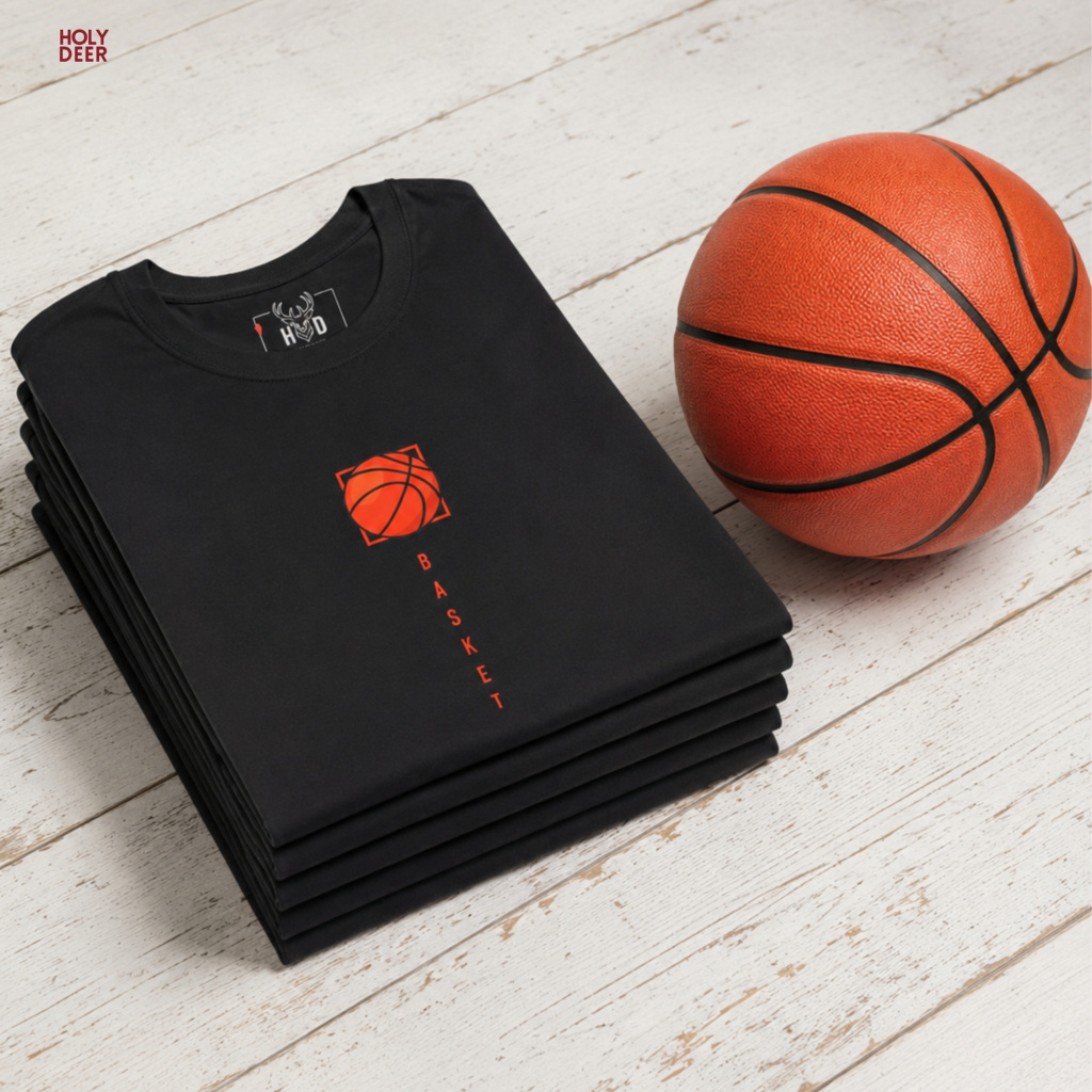 Macro view of the Minimalist Hoops Life Graphic Tee print showcasing intricate basketball pebble textures, sharp vector frame lines, and the raw vintage hoops art rendering crafted exclusively by Holydeer Streetwear.