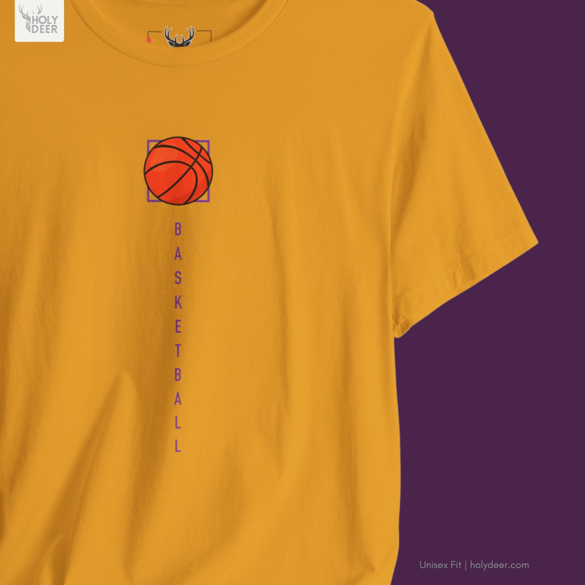 Dark spotlight shadow studio backdrop framing the unique Minimalist Hoops Life Graphic Tee by Holydeer Streetwear, magnifying the clean centered basketball graphic placement and premium aesthetic sport top presentation.