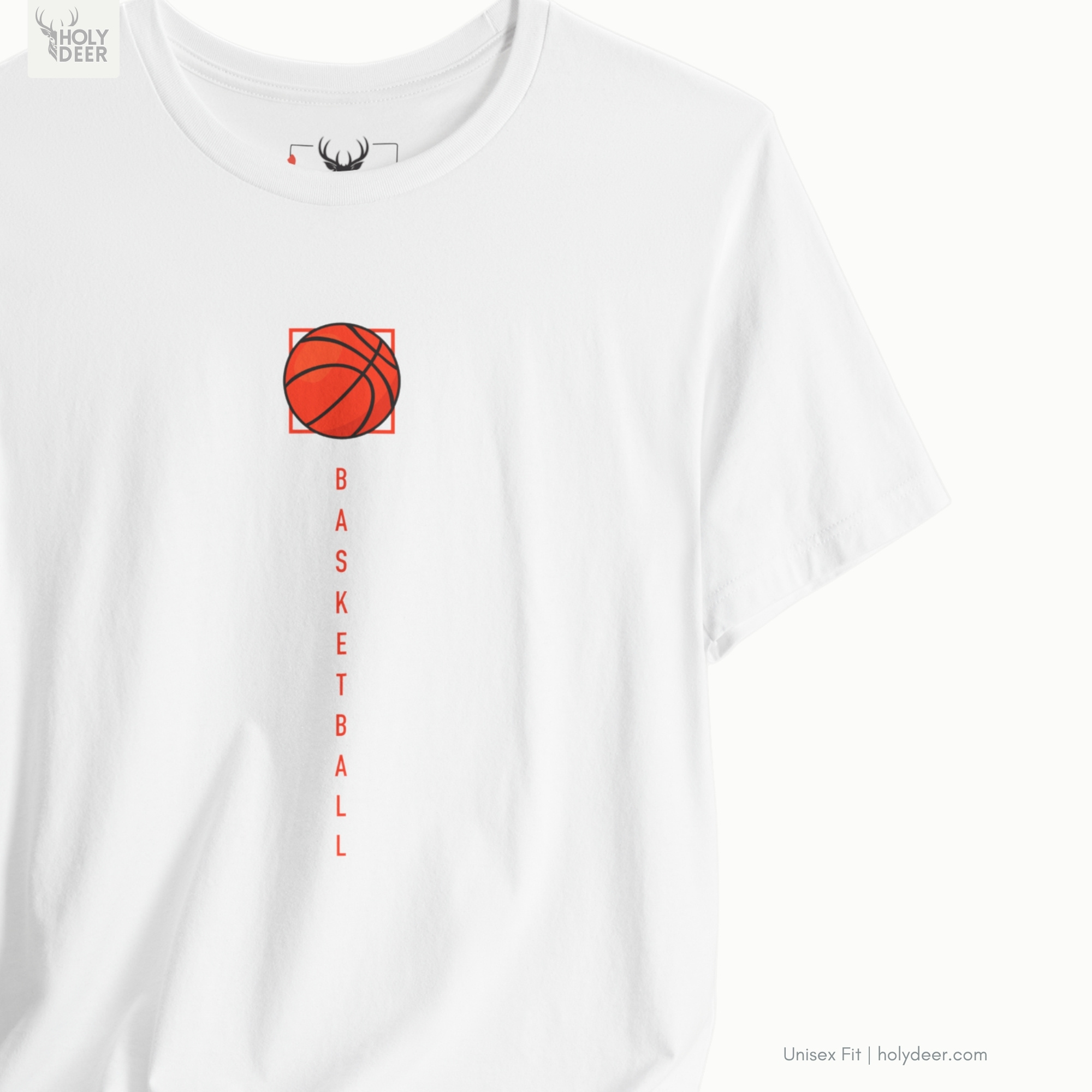 Professional flat lay photography of the Minimalist Hoops Life Graphic Tee by Holydeer Apparel, arranged elegantly next to premium unique artist gift items and high-end streetwear sport sketchbooks.